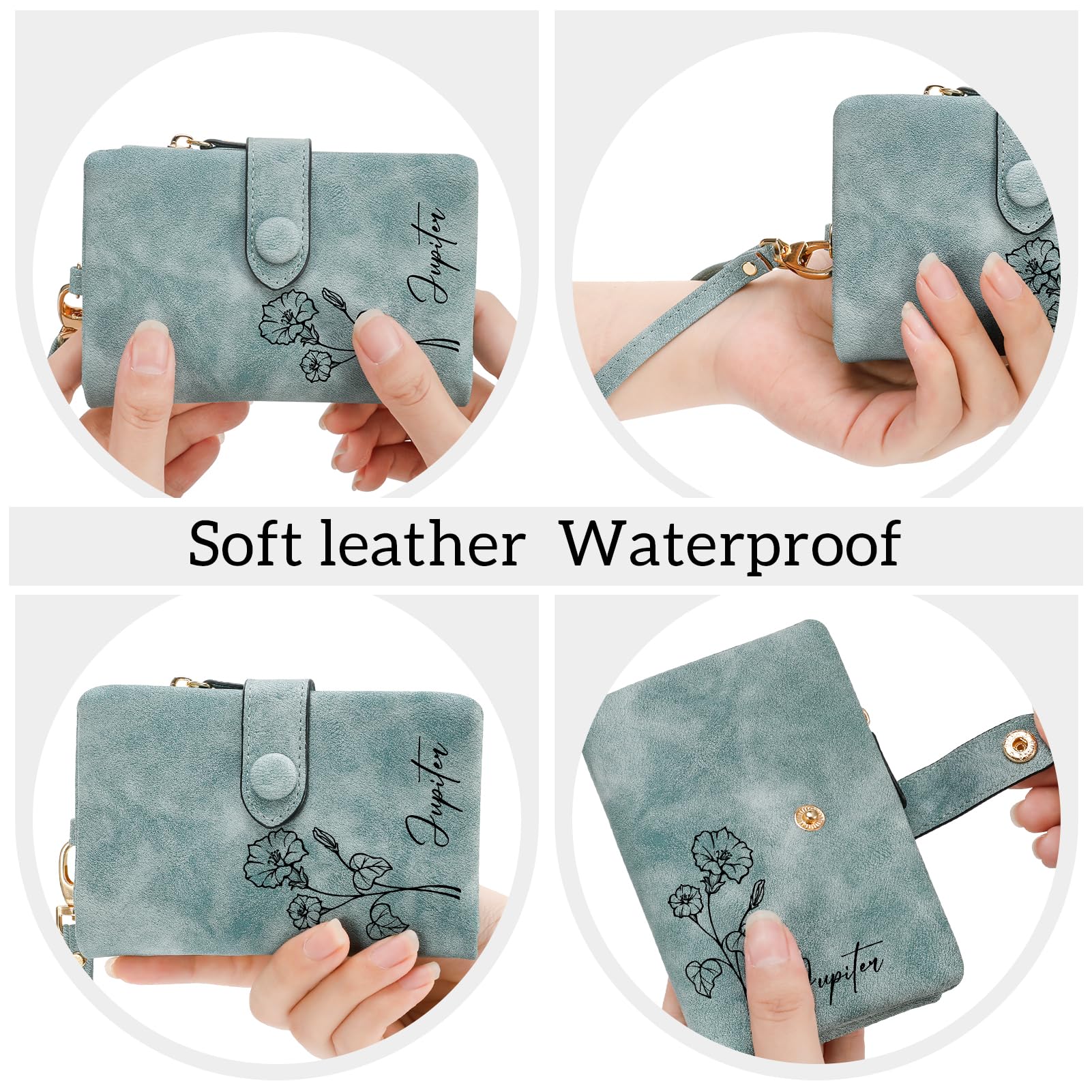Custom Personalized Leather Wallet for Women - Engraved Birth Flower & Name - Small Zipper Coin Purse - Perfect Gift for Birthday, Mother's Day, Christmas (Green) - Ideal for Teens, Ladies & Everyday Use