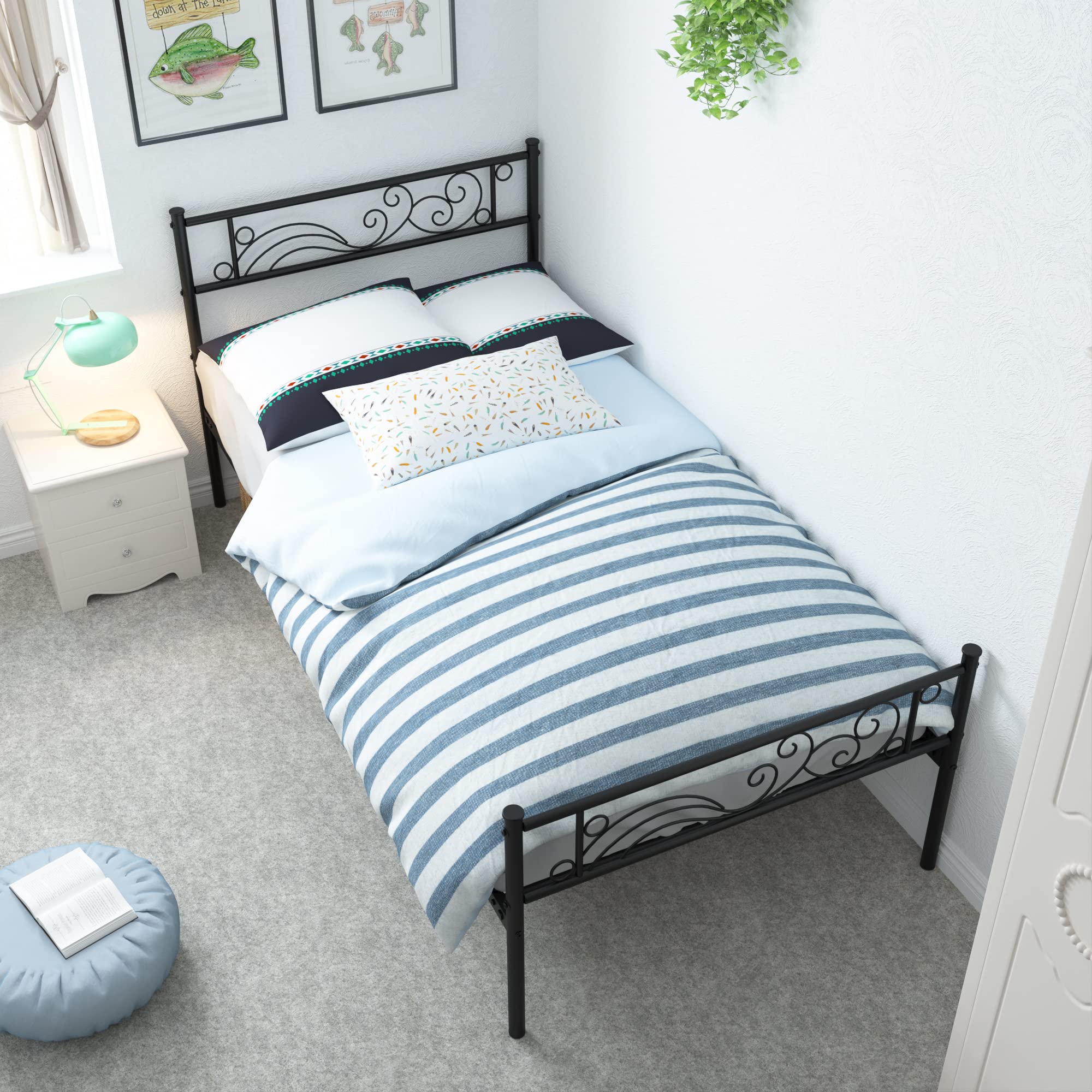 Weehom Heavy Duty Metal Twin Bed Frame with Steel Slats & Headboard - Under Bed Storage Platform, Black - Perfect for Small Spaces, Guest Rooms & Kids' Bedrooms