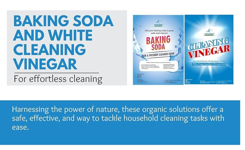 VITSZEE Baking Soda 400g & White Cleaning Vinegar 500ml Set | Organic Washing Machine Drum Cleaner | Multi-Purpose Stain Remover for Kitchen, Bathroom & Laundry | Deep Cleaning Solution for Appliances, Tiles & Surfaces