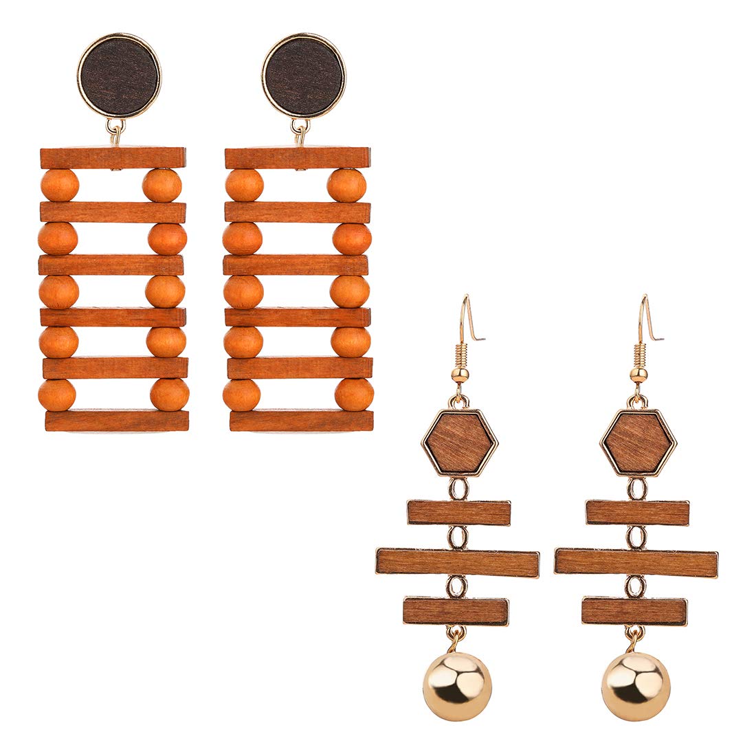 Stylish Minshine Wooden Earrings for Women - 2 Pairs Boho Drop Dangle Earrings with Delicate Cutout Design in Gift Box | Perfect for Casual Wear, Parties & Special Occasions