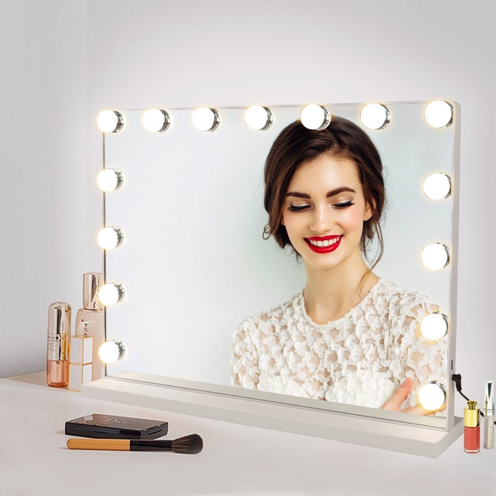 Depuley 23 x 18 Inch LED Vanity Mirror with Lights - Large Dimmable Makeup Mirror with Smart Touch Control, USB Powered & 15 Adjustable LEDs - Perfect for Dressing Room, Bedroom, Tabletop (White, 58 x 44 cm) - Ideal for Makeup Application, Skincare Routine & Home Decor