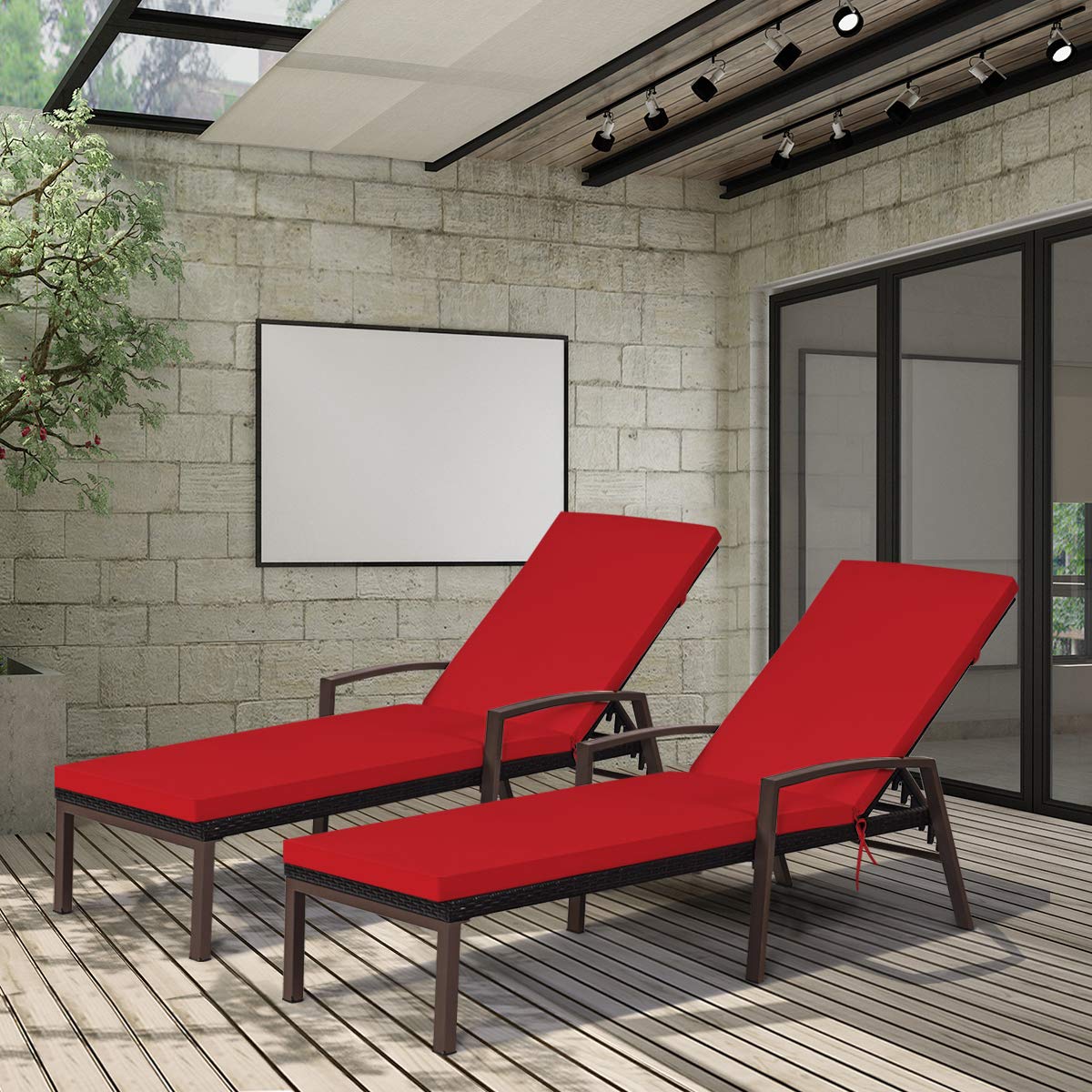 2PCS Patio Chaise Lounge Chairs with Cushions - Adjustable Rattan Sun Lounger for Outdoor Relaxation - Comfortable Wicker Recliner with Armrest for Poolside, Garden, Lawn or Balcony (Red) - Perfect for Sunbathing, Reading and Lounging in Your Backyard