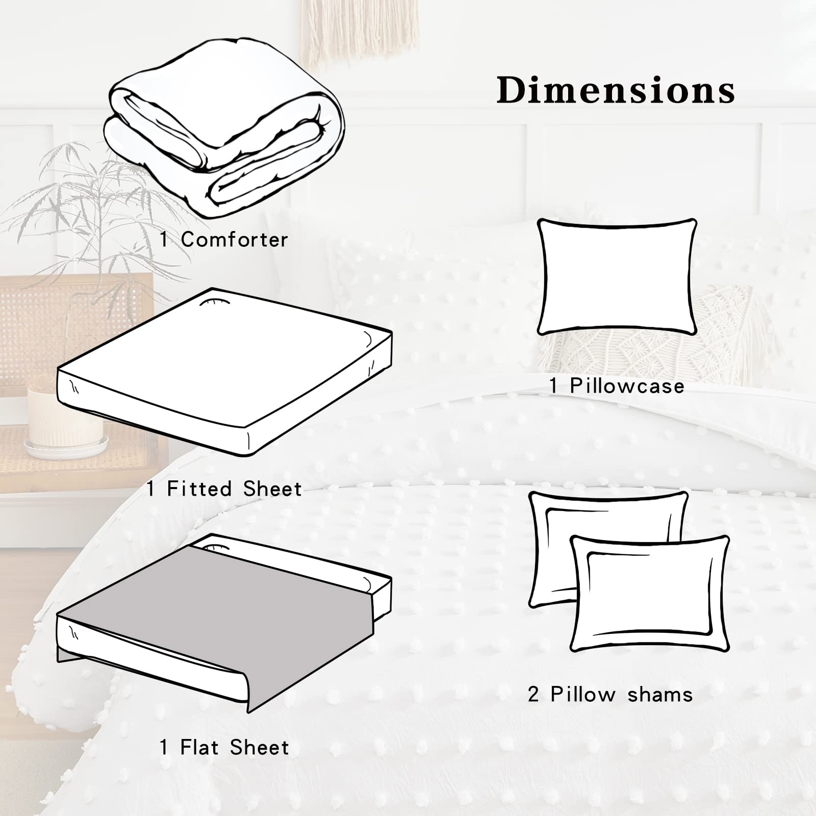 6-Piece Tufted Dots Twin Comforter Set with Sheets - Soft White Embroidery Shabby Chic Boho Bedding, Pom Pom Design Jacquard Tufts for Kids | Cozy & Stylish Nursery or Teen Room Decor