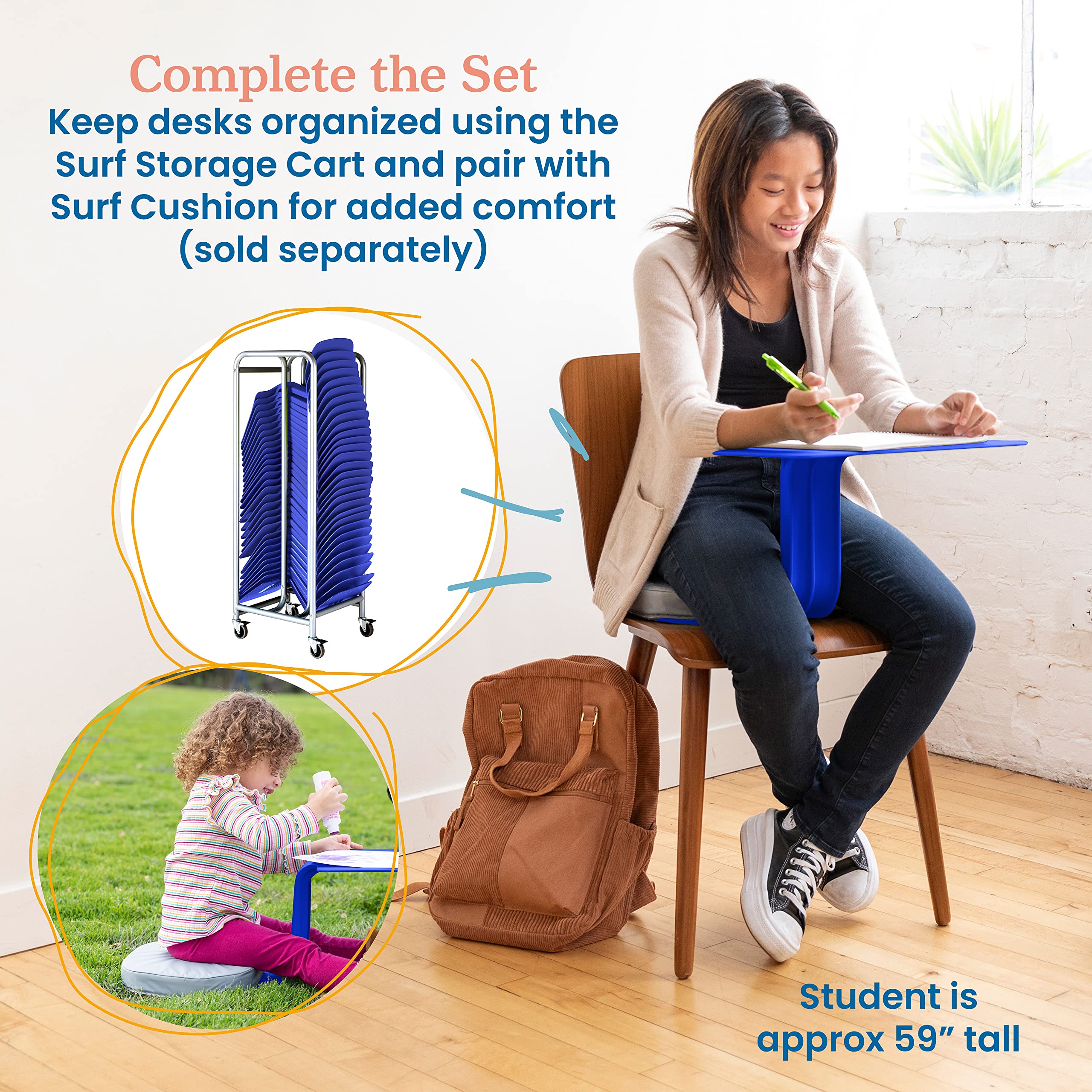 ECR4Kids The Surf Portable Lap Desk - Lightweight & Adjustable for Kids & Adults - Flexible Seating Solution for Home, School & Office - Blue Study & Work Tray for Reading, Writing, Laptop Use in Bed, Couch or Car