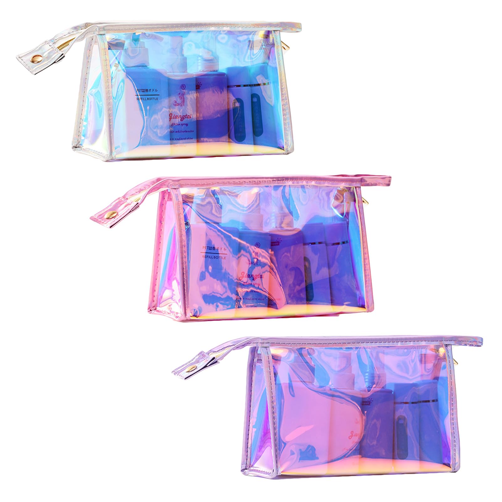 AJOJO 3-Piece Holographic Makeup Bags Set - Waterproof Iridescent Cosmetic Organizer with Zipper, Clear Travel Toiletry Bag for Brushes & Accessories - Perfect for Women's Gifts, Travel, Gym & Daily Makeup Storage