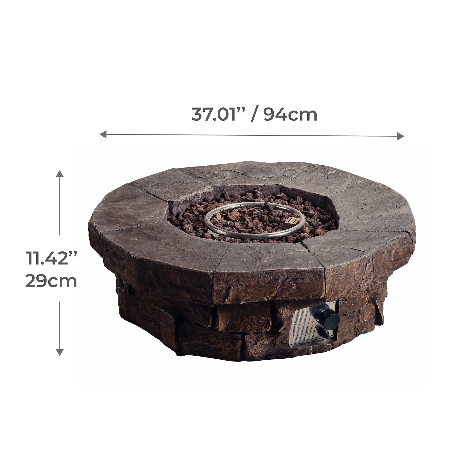 Teamson Home 37.01 Inch Round Outdoor Propane Gas Fire Pit - Faux Stone Finish with Gas Regulator & Weatherproof PVC Cover - Perfect for Patio, Backyard, Garden, or Tailgating Gatherings - Easy Cleanup & Durable Brown Design