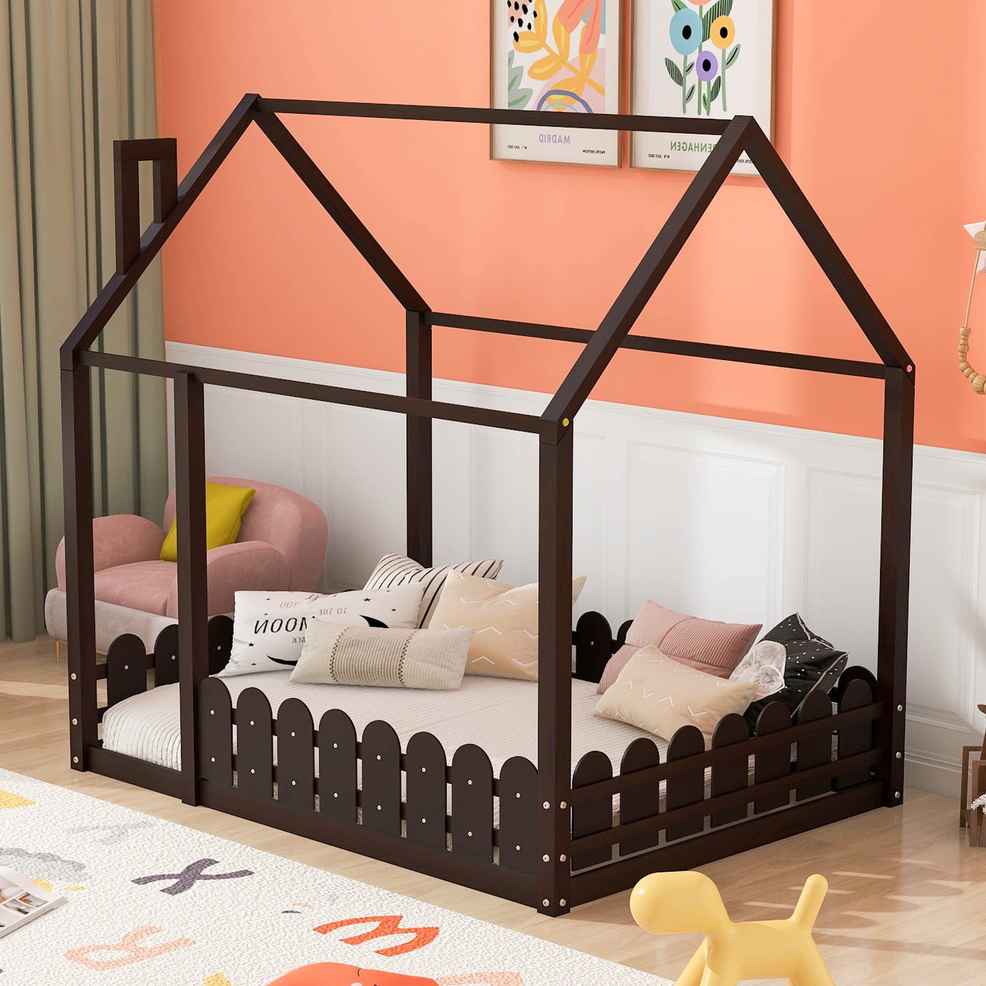 **MERITLINE Full Size House Bed Frame with Roof - Playhouse Bed for Kids, Girls & Boys, Espresso Finish (Box Spring Required) - Perfect for Bedrooms, Playrooms & Imaginative Play**