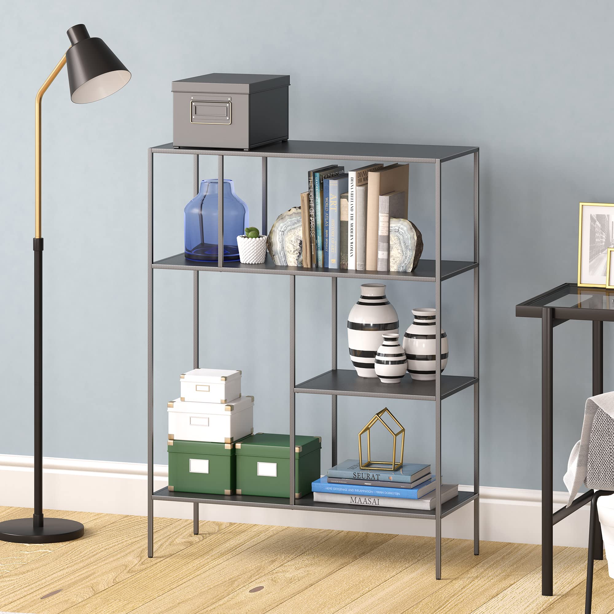Henn&Hart 48 Inch Tall Rectangular Bookcase in Gunmetal Gray - Modern Bookshelf for Living Room, Bedroom, Office - Perfect for Home Decor, Storage & Organization