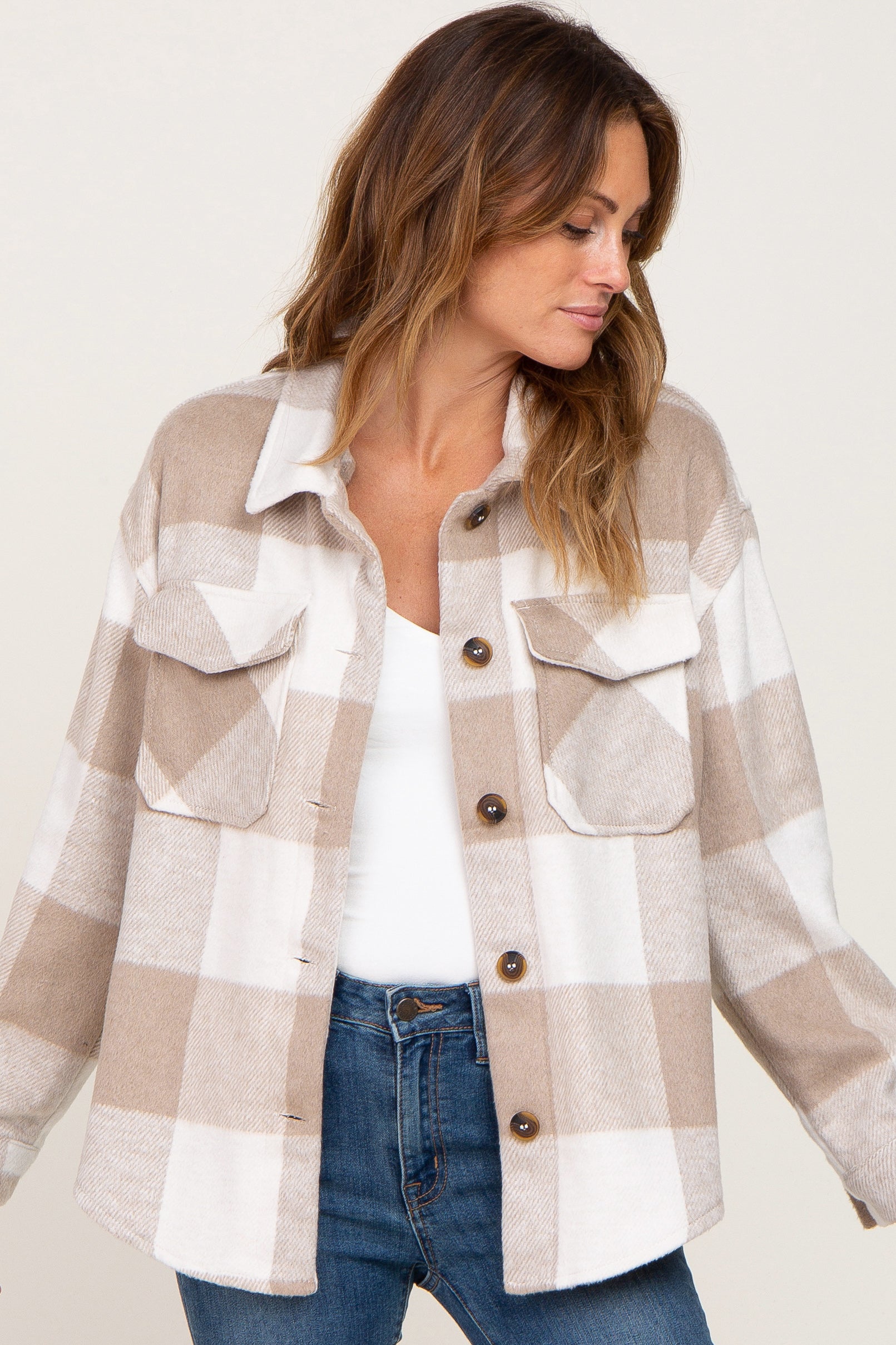Beige Plaid Knit Shirt Jacket for Women - Cozy Oversized Button Up Cardigan Sweater | Perfect for Fall Layering, Casual Outfits & Outdoor Activities