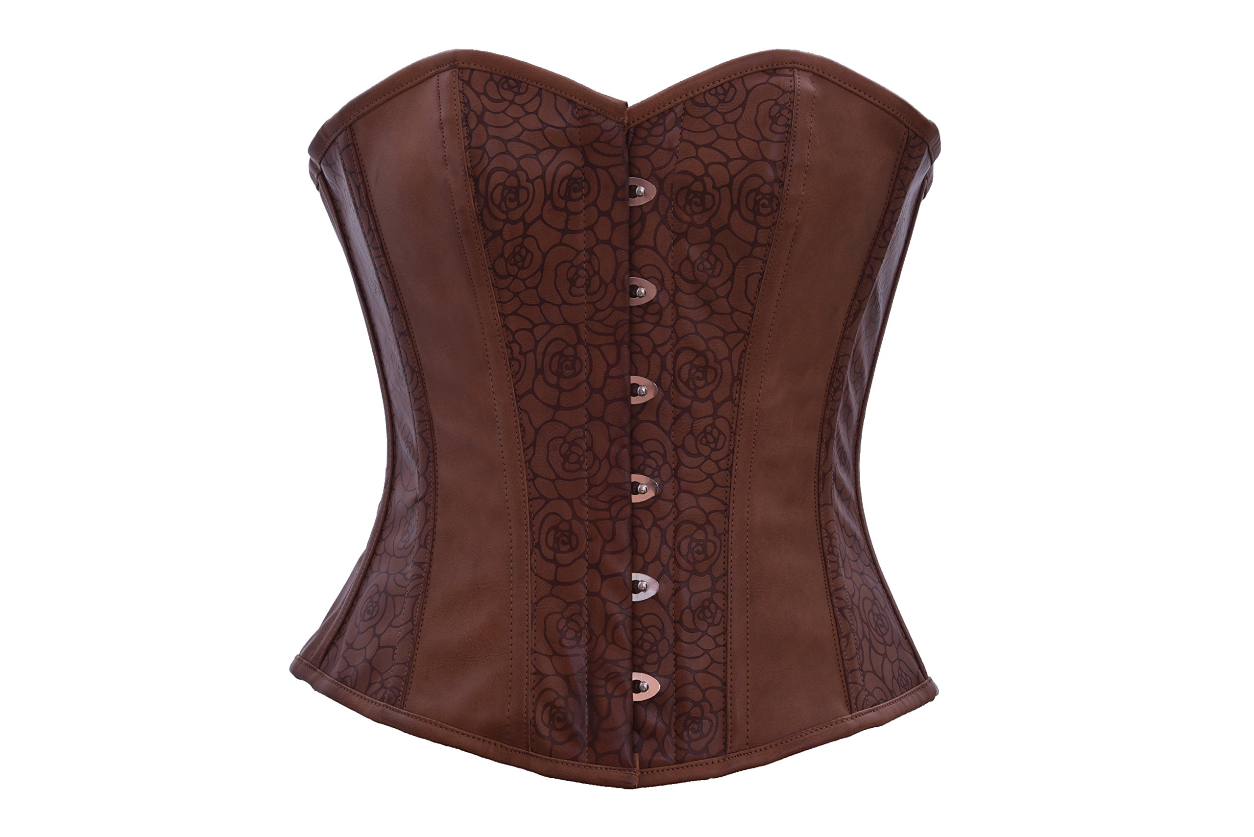 Brown Floral Texture Faux Leather Gothic Steampunk Corset Overbust Waist Trainer for Women - Vintage Style Body Shaper for Cosplay, Burlesque & Victorian Fashion