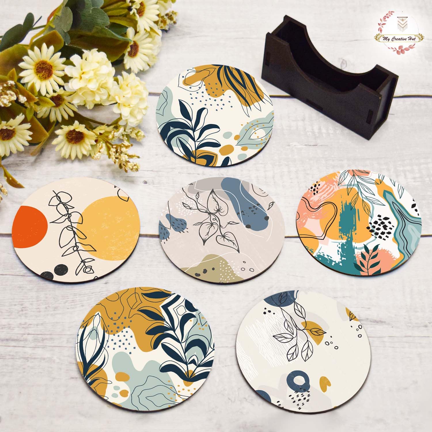 My Creative Hut Set of 6 Tea Coasters with Stand - Beautiful Jungle Safari Design for Tea Cups, Coffee Mugs & Glasses - Perfect for Home Decor, Office Use & Diwali Gifting