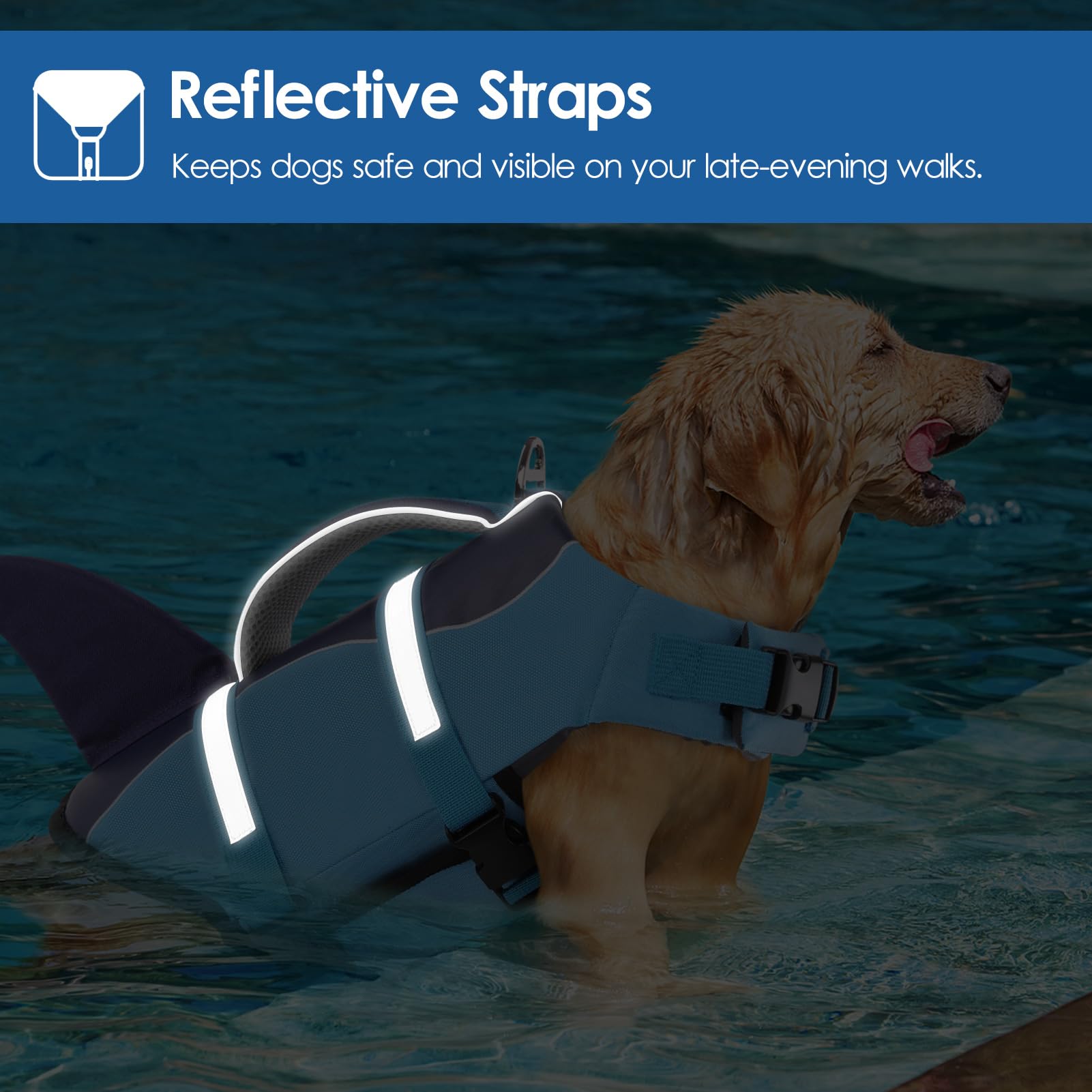 AOFITEE Dog Life Jacket - Shark Design Swimming Vest with Rescue Handle & Reflective Stripe for Small Medium Large Dogs (Blue, XL) - Perfect for Beach, Pool & Boating Safety