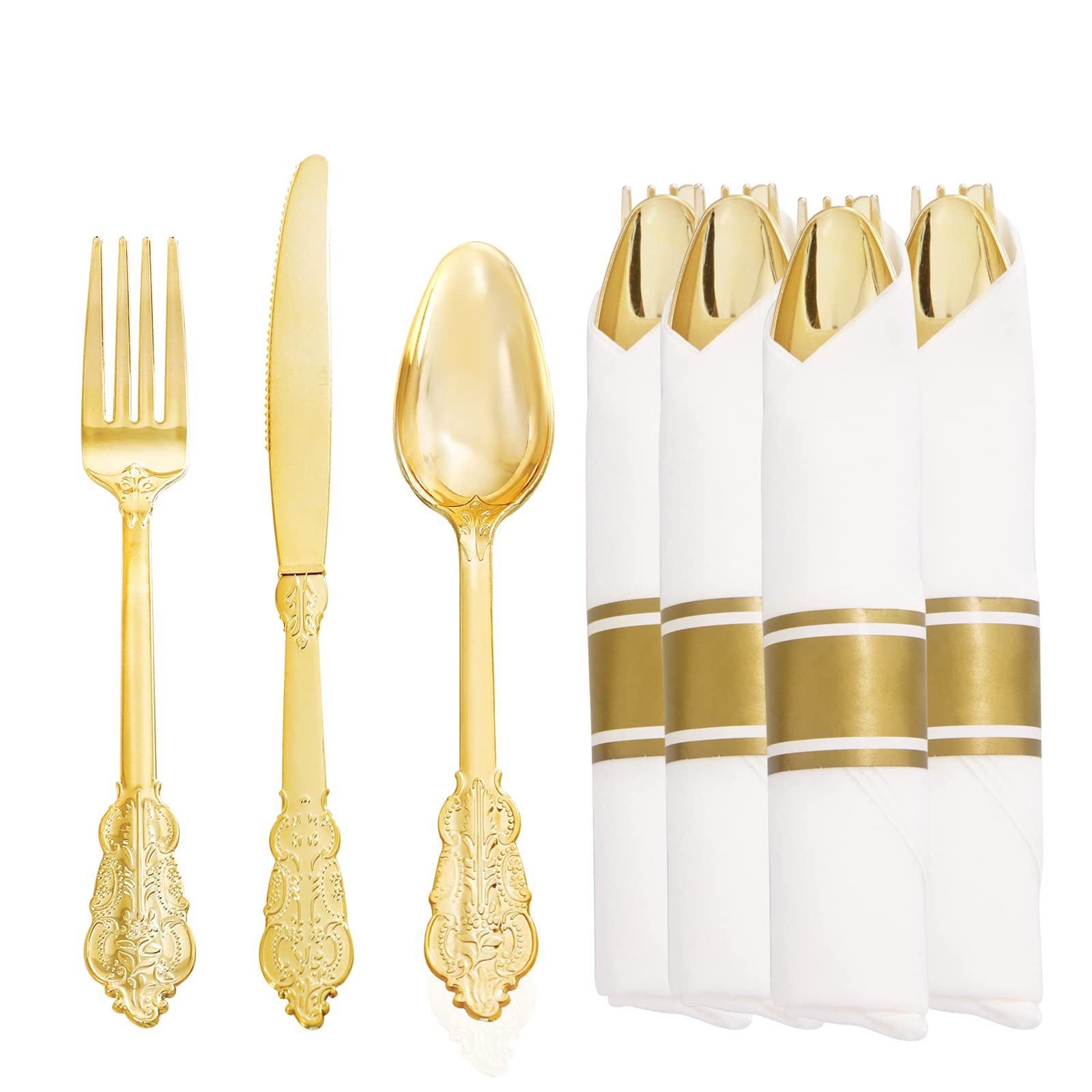 Premium 30-Pack Gold Plastic Cutlery Set - Disposable Gold Silverware with Napkins (30 Forks, 30 Knives, 30 Spoons) - Elegant Party Supplies for Weddings, Events & Catering