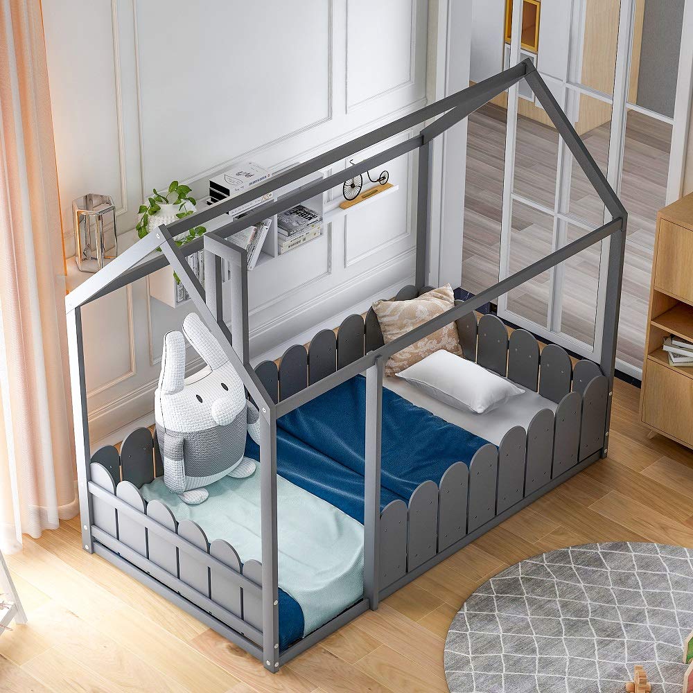 Danxee Twin Size Wooden House Bed Frame with Roof & Fence Railings - Gray Kids Bed for Playroom, Nursery or Bedroom - Perfect for Pretend Play & Cozy Sleep