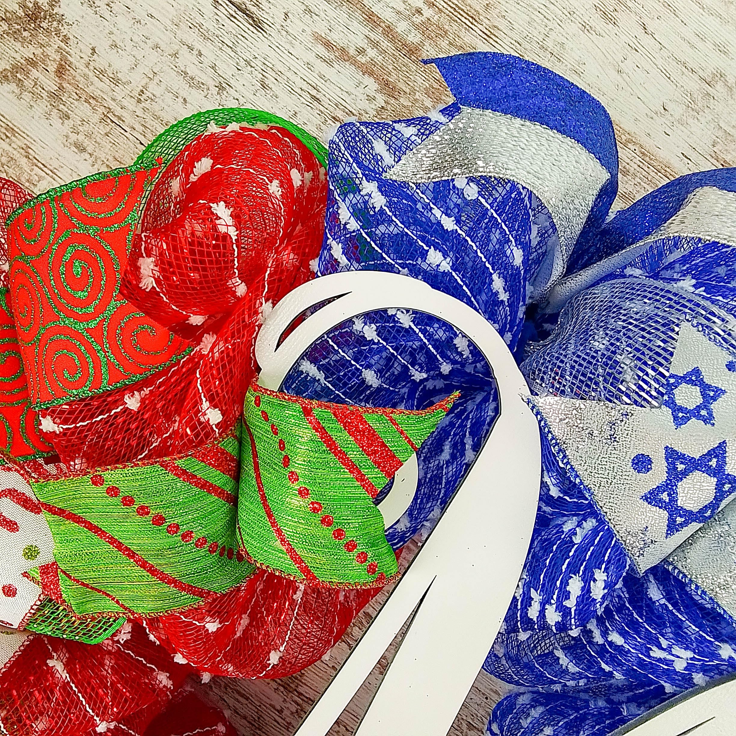 Custom Monogram Christmas Hanukkah Wreath - Red Green Blue Silver House Divided Decor - Perfect for Holiday Door Decorations, Fireplace Mantel & Festive Wall Hangings