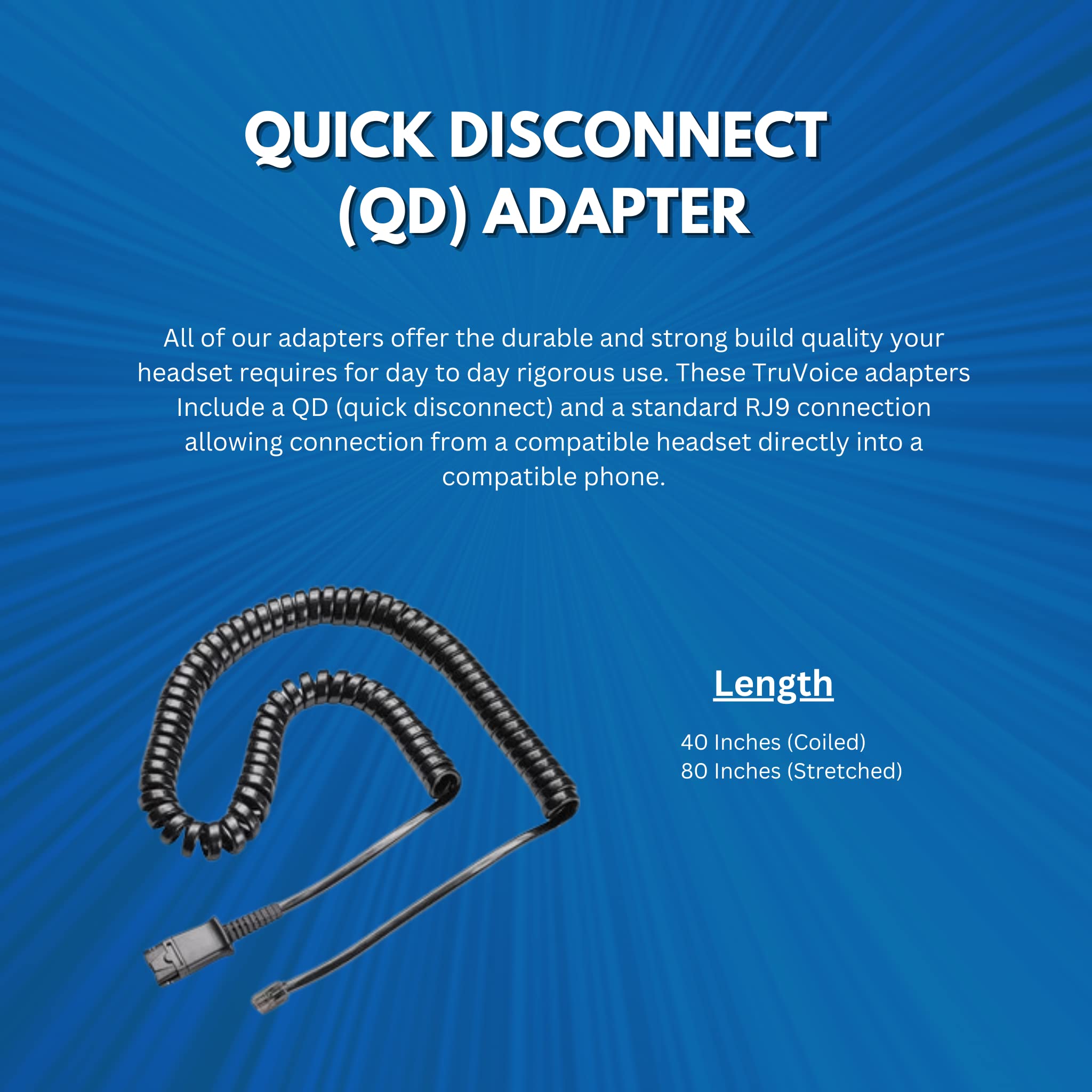 TruVoice U10P Adapter Cable - Compatible with Plantronics, Poly QD Headsets & Mitel/Nortel/Avaya/Polycom VVX Phones - Perfect for Office Communication & Call Center Headsets