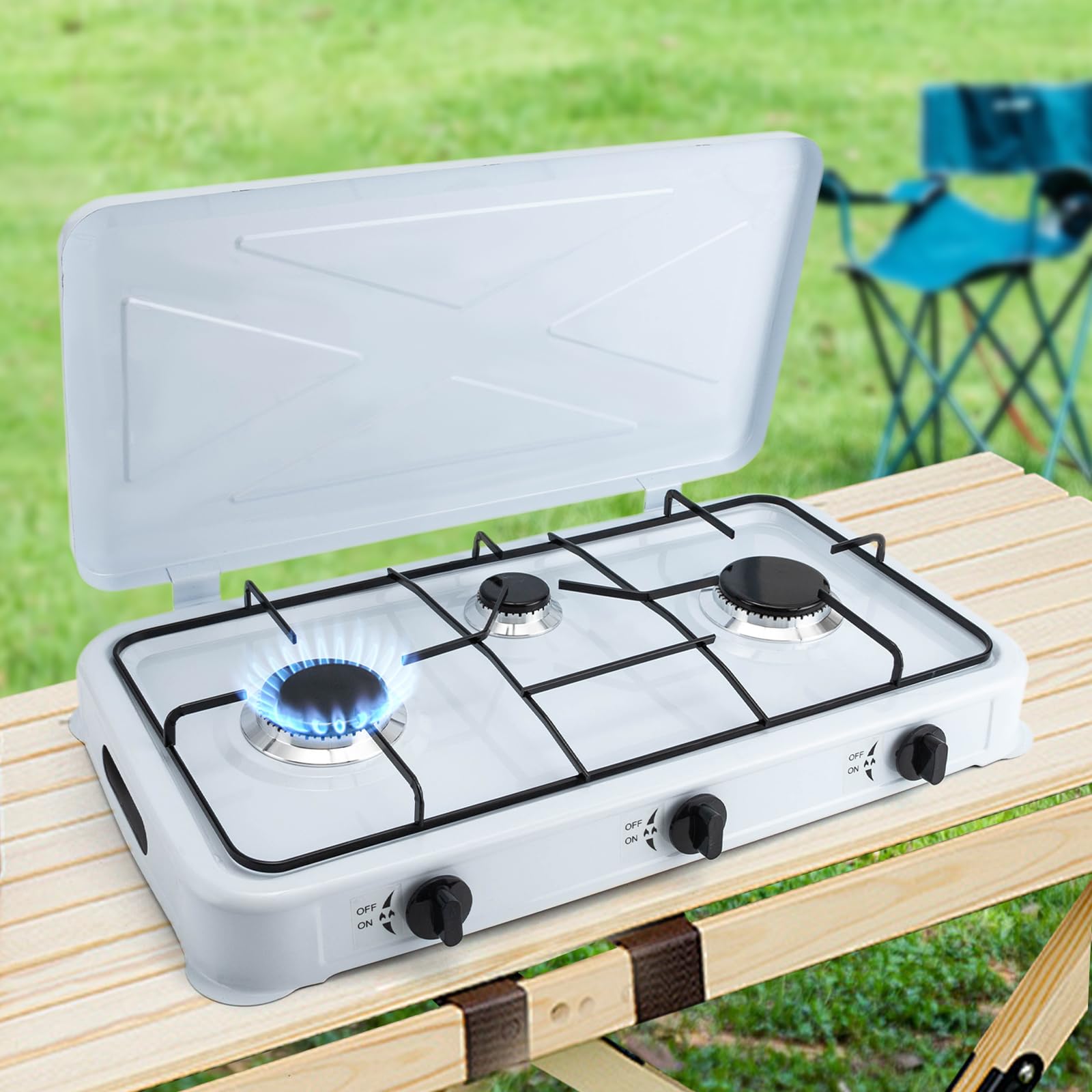 3 Burner Propane Gas Cooktop with Wind Blocker - Portable Camping Stove with Auto Ignition for RV, Apartment & Outdoor Cooking | Perfect for Camping Trips, Tailgating & Emergency Preparedness