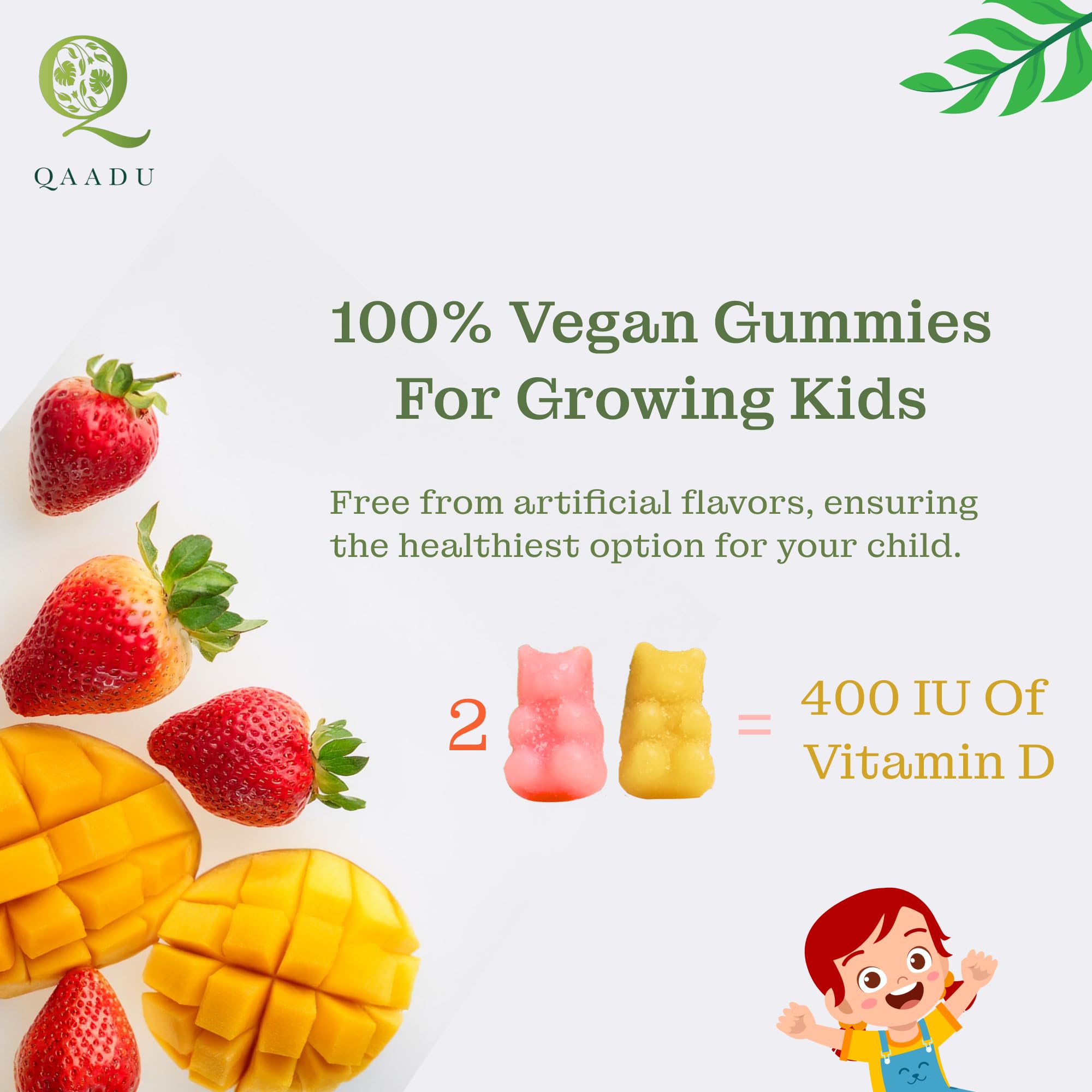 Kids Calcium & Vitamin D Gummies - Vegan Bone & Teeth Support for Healthy Growth | Delicious Mango Strawberry Flavor | 60 Chewable Gummies | UK Vegan Society Certified | Perfect for Picky Eaters & Daily Nutrition