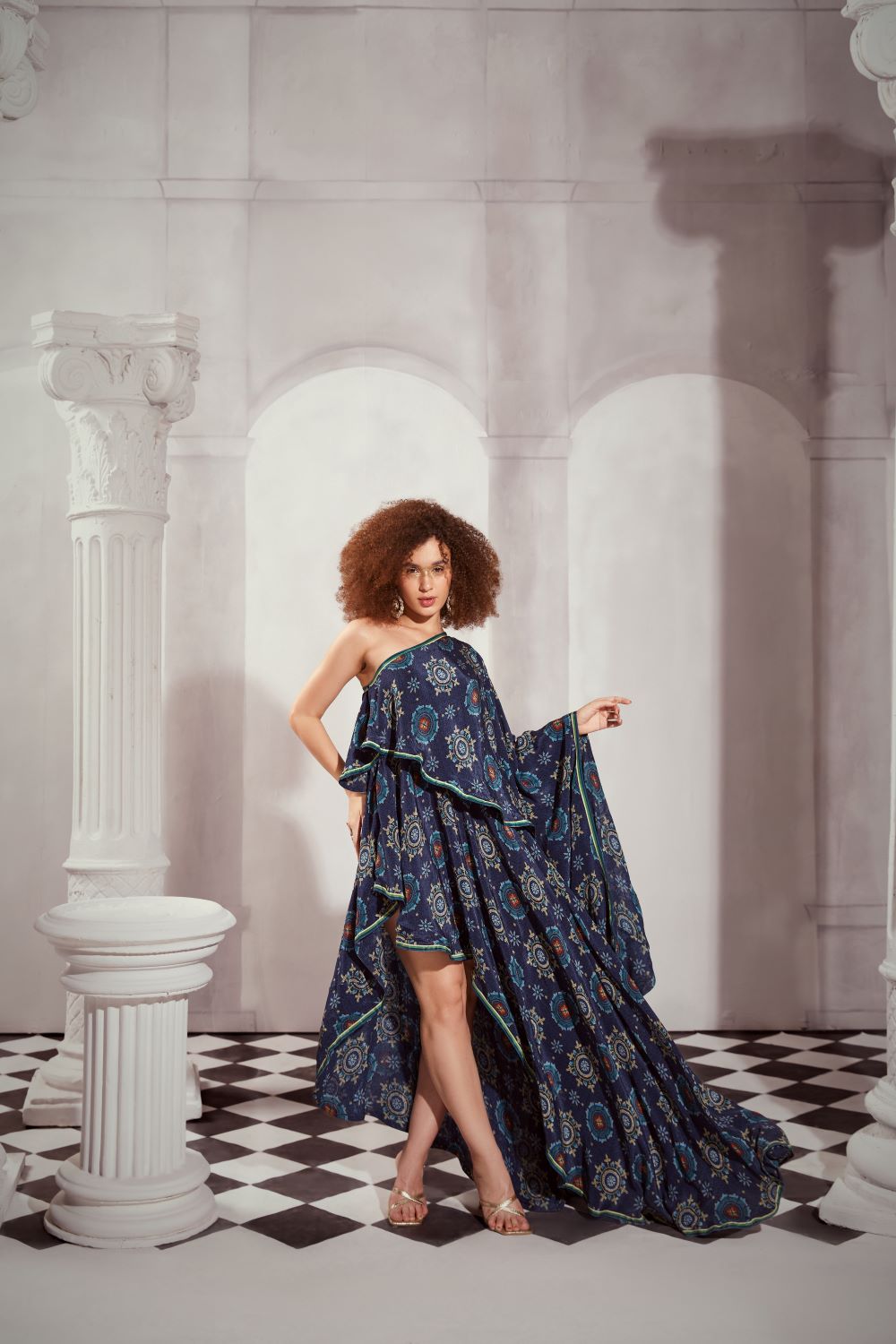 Elegant Blue Mosaic One Shoulder Dress for Women - Summer Beach Party & Cocktail Evening Wear