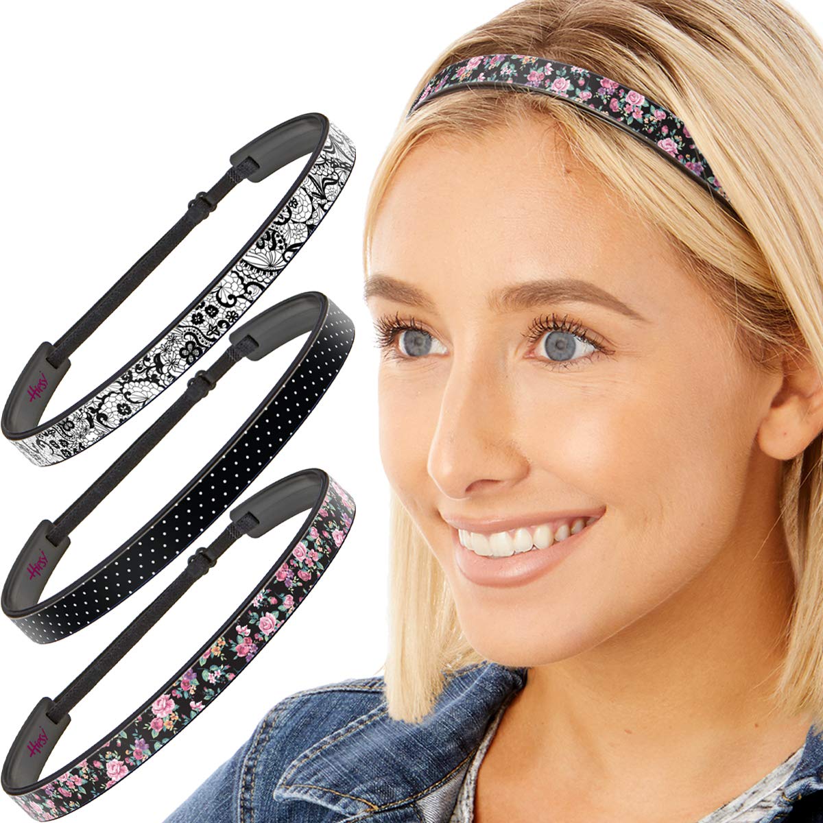 Hipsy Blades Adjustable No Slip Floral Headbands for Women, Girls & Teens - 3 Pack (Black Floral, Pin Dots, Lace) - Perfect for School, Work, Sports & Everyday Fashion Accessories