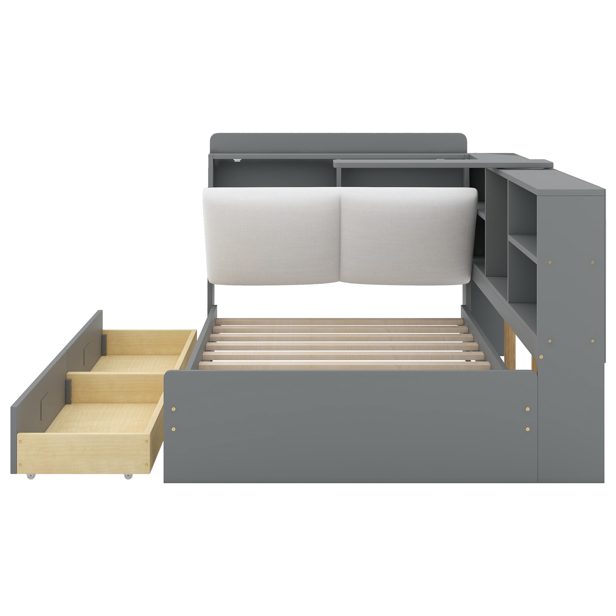 Harper & Bright Designs Twin Platform Bed with Storage Headboard, Shelves & 2 Drawers - Wooden Twin Storage Bed Frame with L-Shaped Bookcase, Gray - Perfect for Kids' Bedroom, Guest Room & Small Space Organization