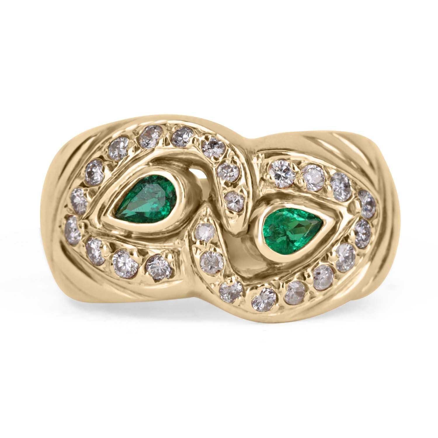 18K Gold Double Pear Colombian Emerald & Diamond Wide Band Ring - 0.70tcw Organic Emerald Wedding Ring for Women, Anniversary Gift, Bridal Jewelry (Perfect for Engagement, Proposal & Special Occasions)