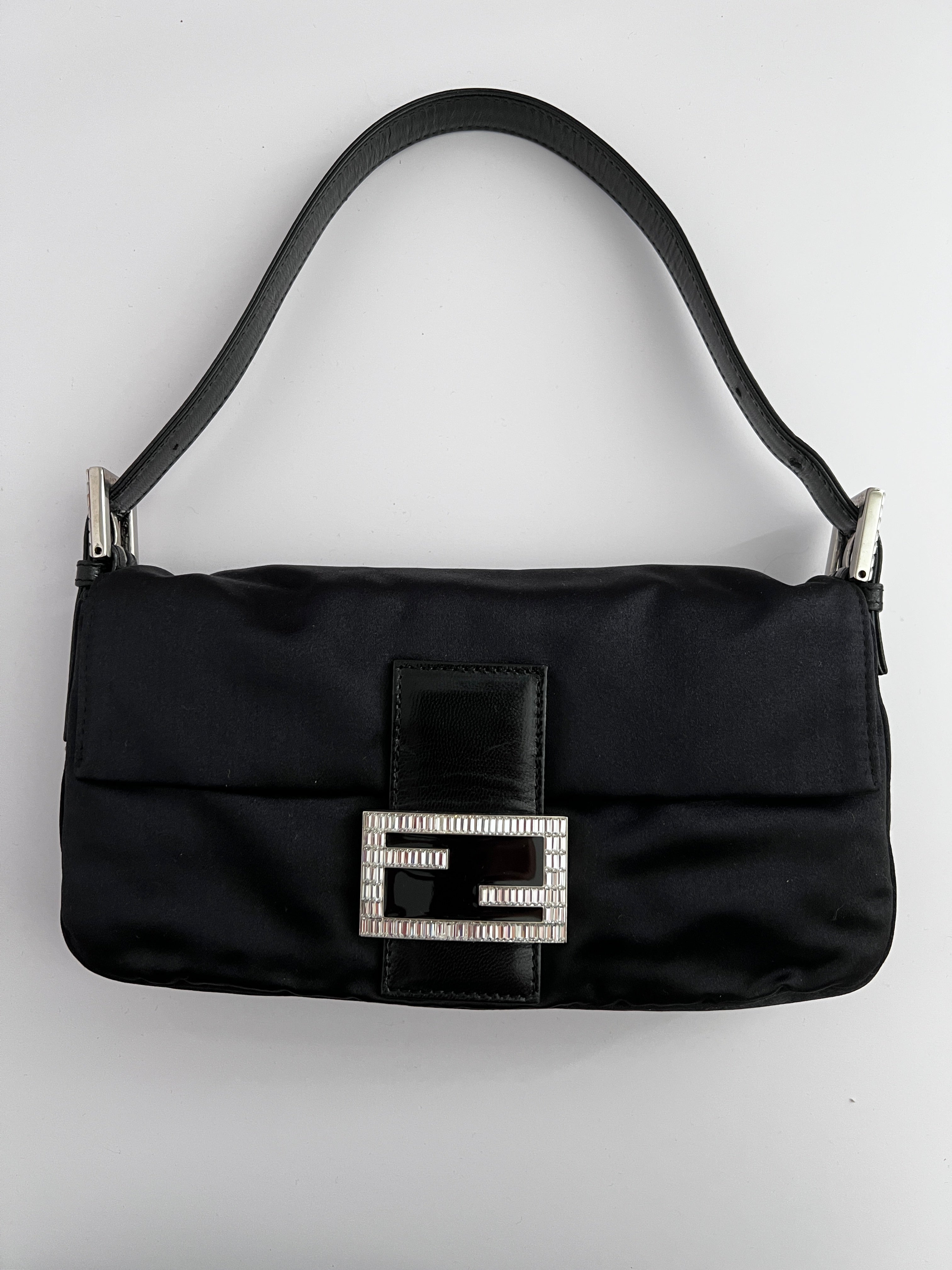 Vintage Fendi Black Satin Baguette Bag - Luxury Designer Crossbody Purse for Women | Perfect for Evening Parties, Date Nights & Special Occasions