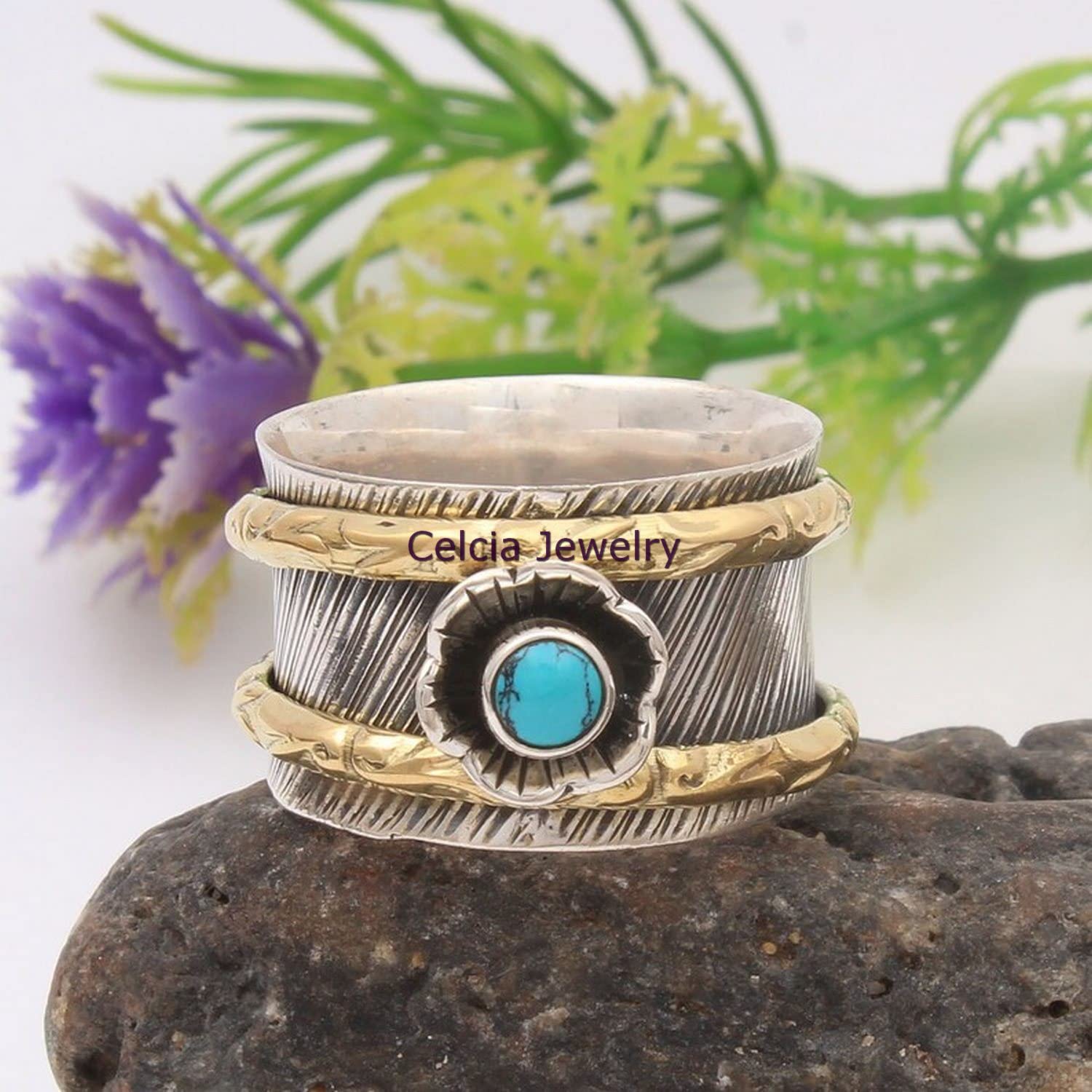 Genuine Turquoise Cabochon Round Gemstone Spinner Ring – Meditation Spinning Ring for Stress Relief, Antique Two-Tone Unique December Birthstone Jewelry, Metaphysical Healing Gifts for Women & Men (US Size 7) – Perfect for Yoga, Mindfulness & Spiritual Practices