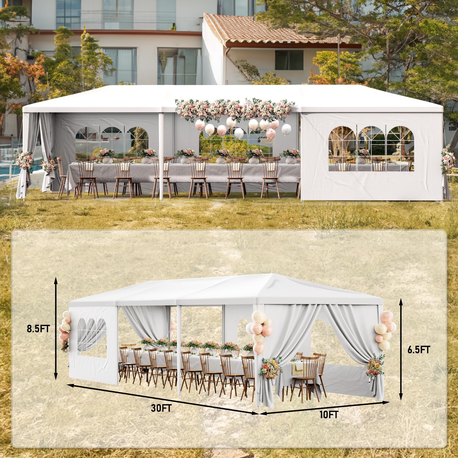 10x30 White Outdoor Party Tent with 8 Removable Sidewalls - Waterproof Gazebo Canopy for Weddings, Birthdays, Garden Parties, BBQ & Camping - Perfect for Backyard, Patio & Outdoor Events