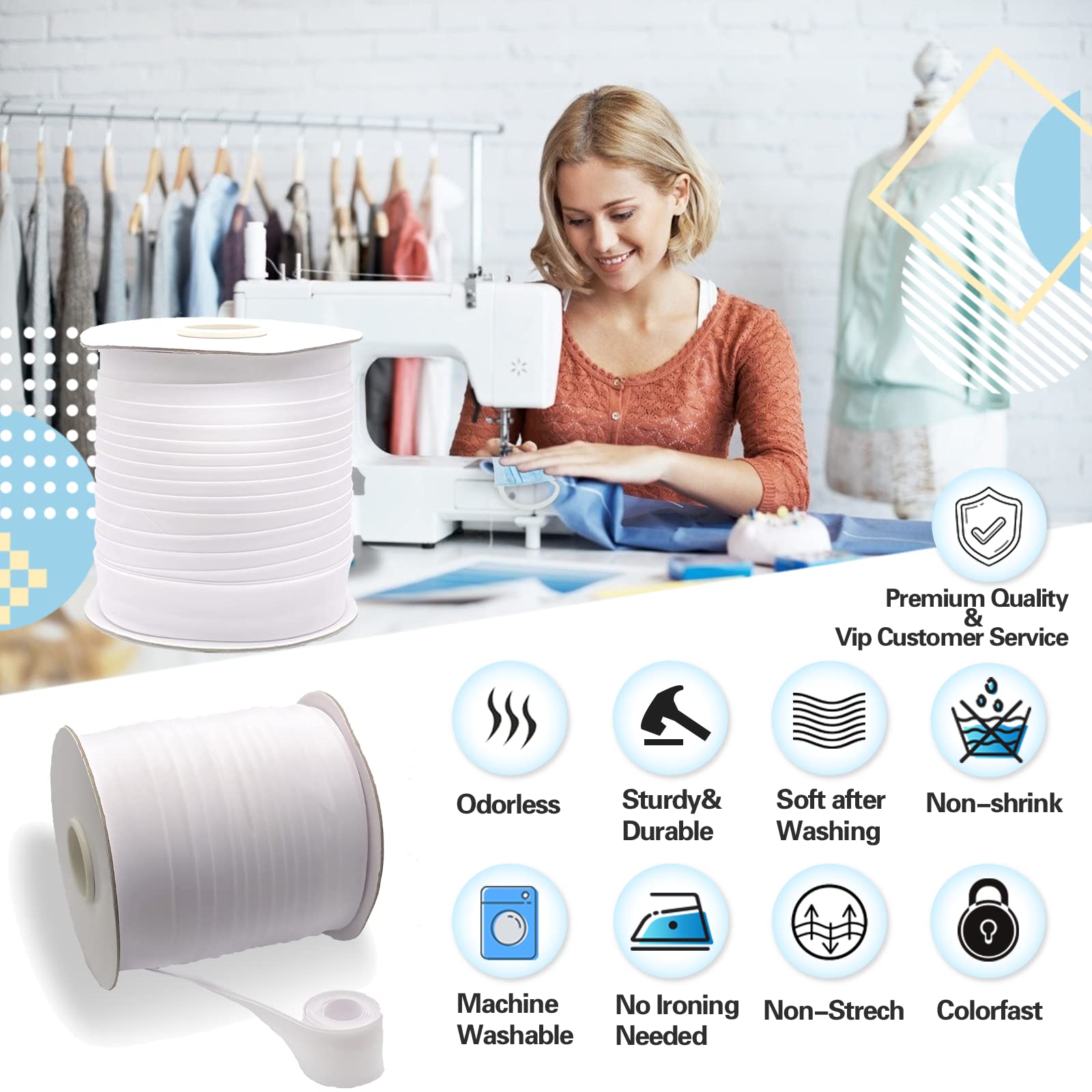 1 Inch Double Fold Bias Tape - 55 Yards Continuous Polyester Sewing Bias Tape for Quilting, Binding, Hemming & Apparel Crafts (White, 25mm, Non-Stretch) - Perfect for DIY Garments, Home Decor & Scrapbooking Projects