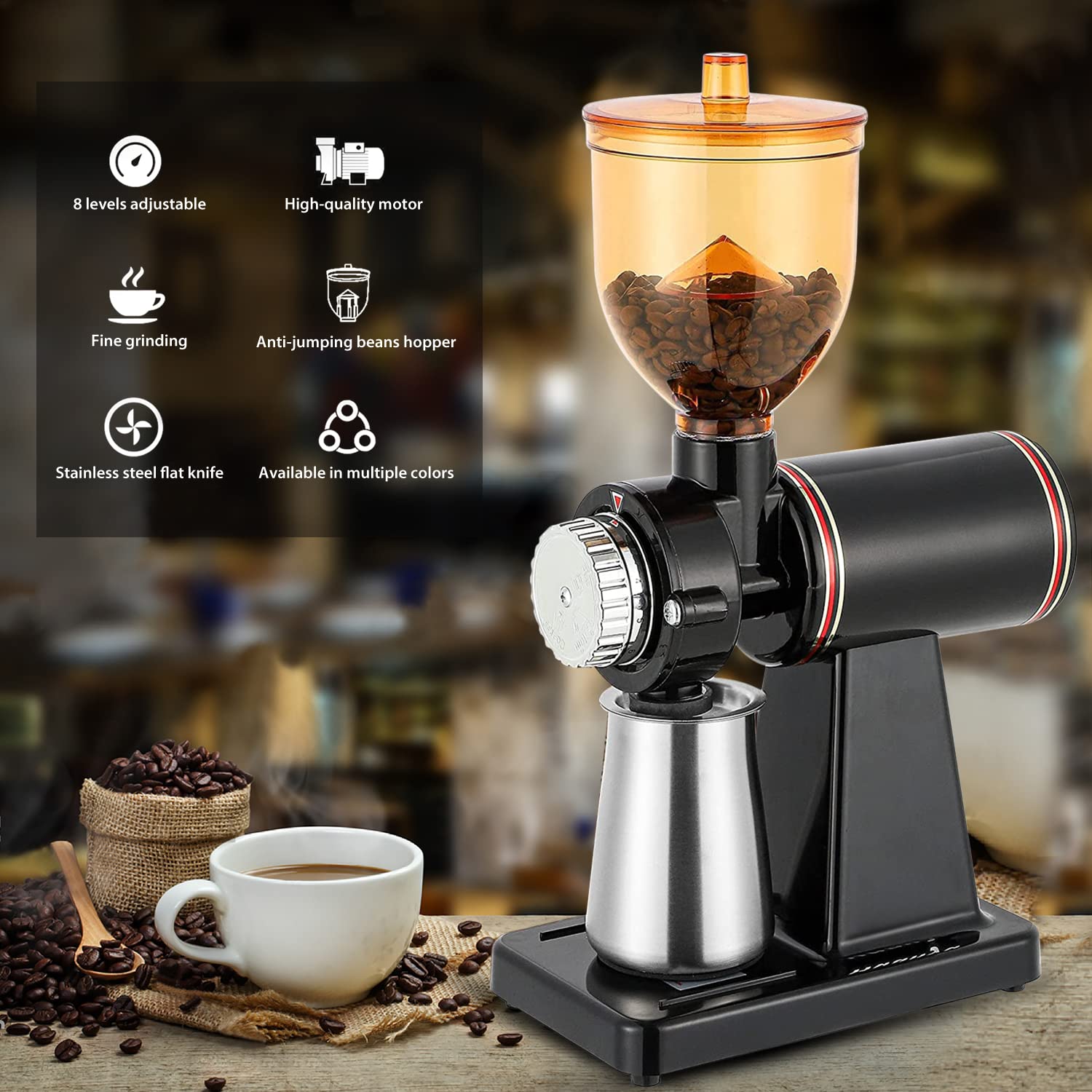 Premium RRH Electric Burr Coffee Grinder - Professional Automatic Coffee Bean Mill with 250g Capacity, Perfect for Espresso, French Press & Cold Brew at Home or Office (RRH-CG-BLK-A)