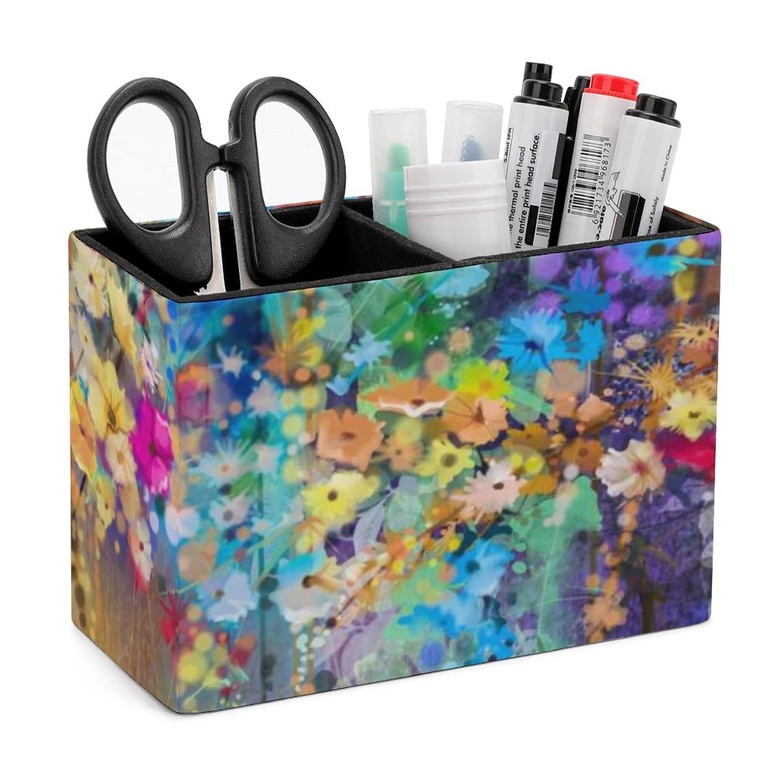 Abstract Watercolor Flowers Leather Pen Holder - Fashion Printing Desk Organizer for Home, Office & School Supplies | Cosmetic Brush Holder, Pen Stand, Desktop Storage Box | Perfect for Desk Decor & Stationery Organization