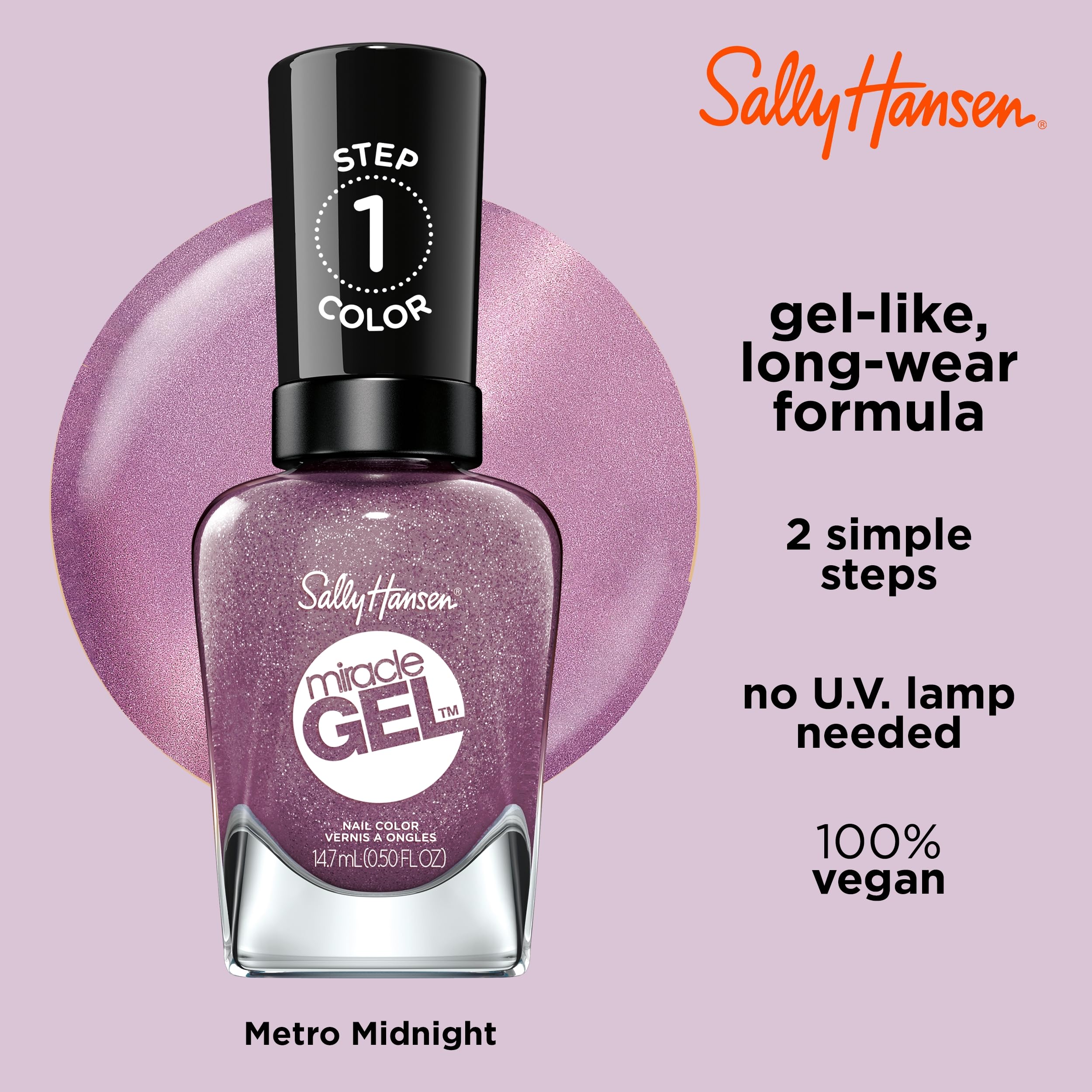 Sally Hansen Miracle Gel Nail Polish - Metro Midnight Purple, Long Lasting Gel-Like Formula, No UV Lamp Needed, Chip Resistant, Salon-Quality Finish | Perfect for Everyday Wear, Special Occasions & DIY Manicures