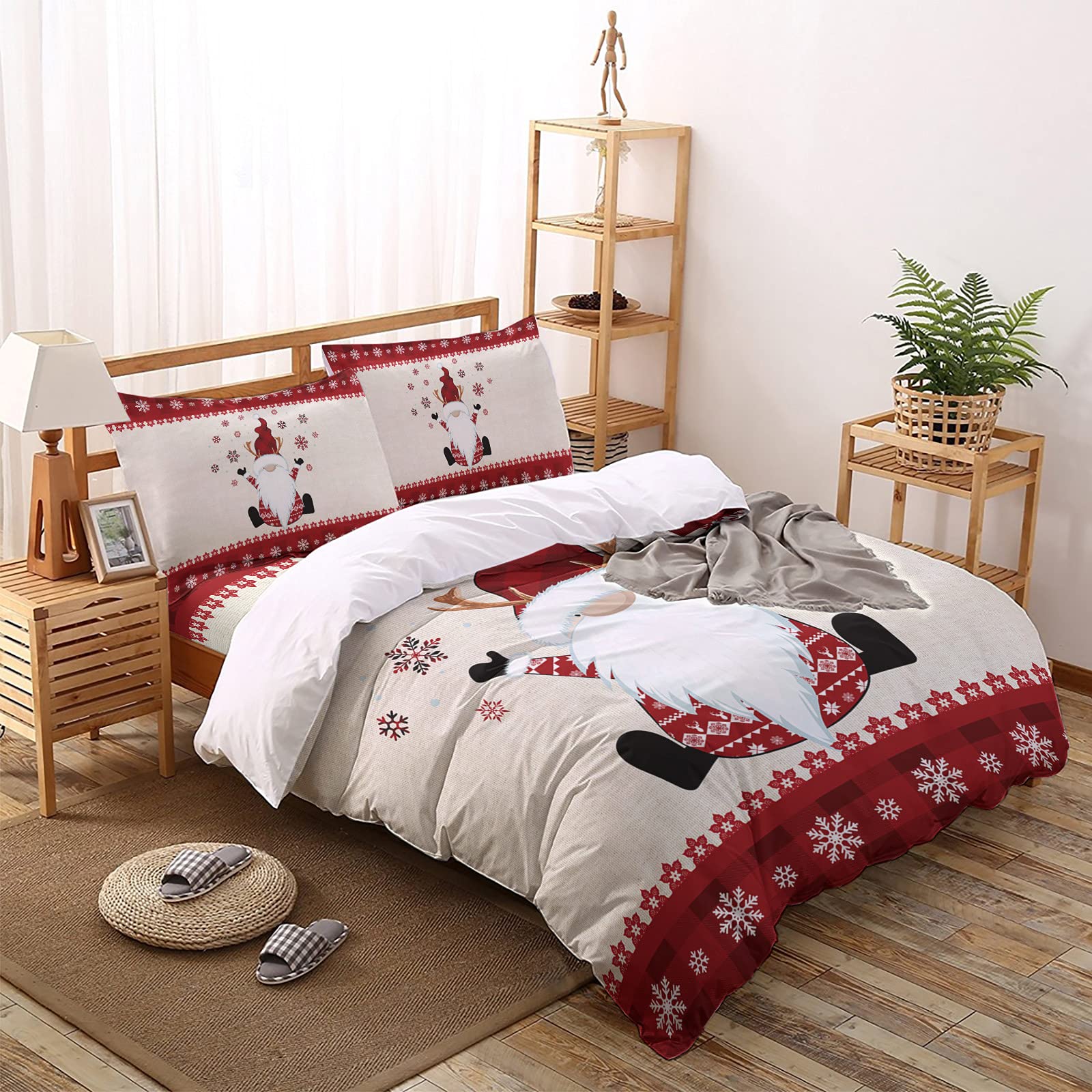 4-Piece Christmas Gnome Duvet Cover Set - Red Plaid Snowflake Burlap Texture, Ultra Soft Twin Size Bedding with Zipper Closure & Corner Ties | Perfect for Holiday Decor, Cozy Winter Nights & Festive Bedroom Makeover