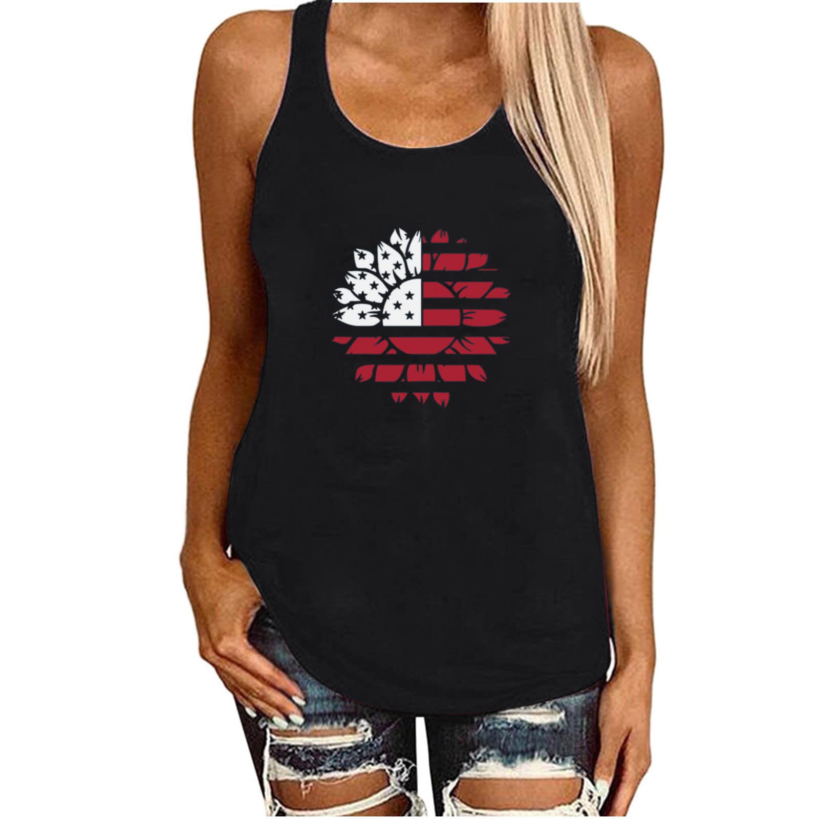 Ceimmol Women's Sunflower USA Flag Print Tank Top - Sleeveless Loose Tunic Tee for Summer, Yoga & Casual Wear | Perfect for July 4th Celebrations, Beach Outings & Workout Sessions