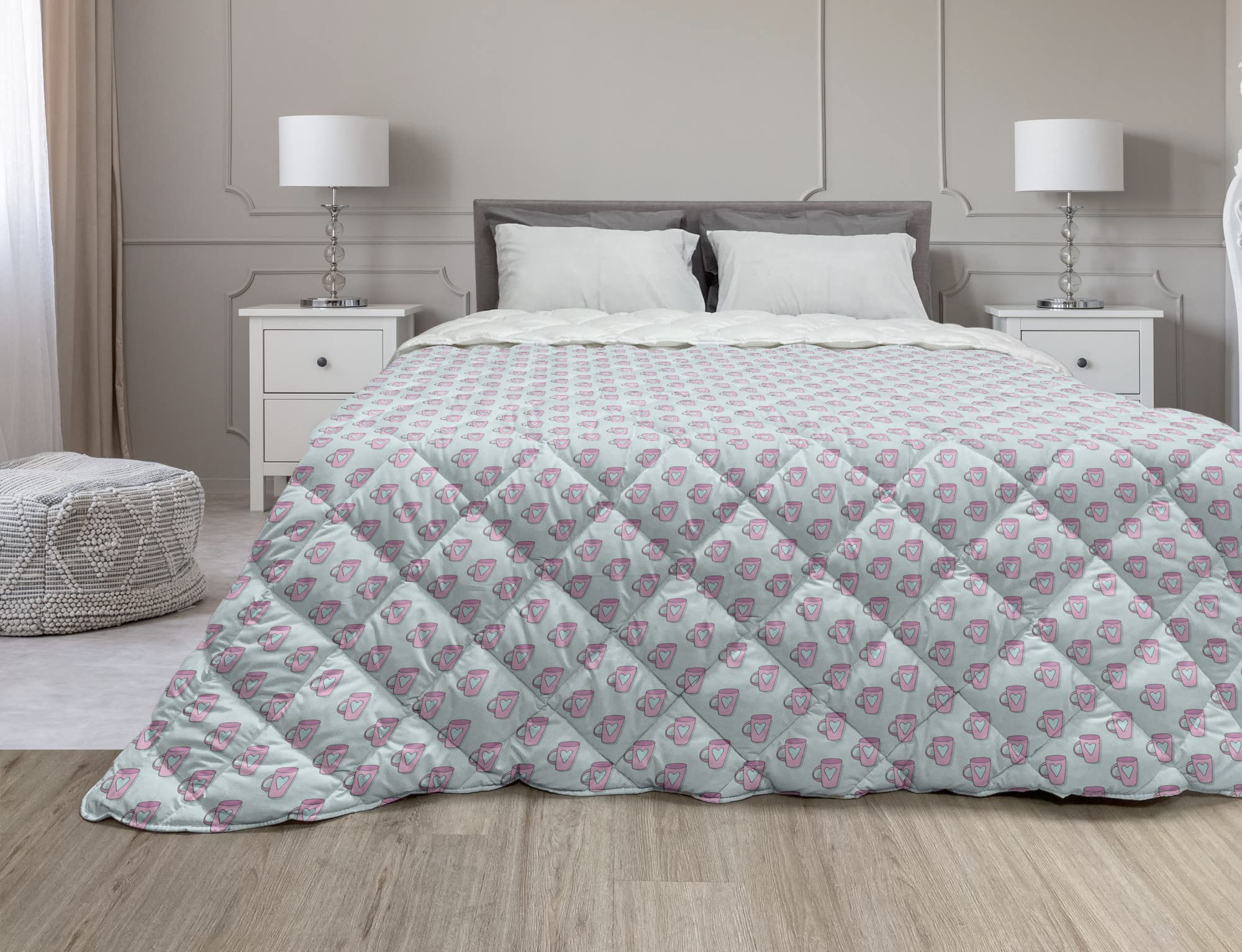 Ambesonne Full Size Down Alternative Comforter - Pale Grey & Pink Coffee Mug Design | All-Season Microfiber Quilt for Bedroom Decor | Perfect Gift for Coffee Lovers & Home Styling