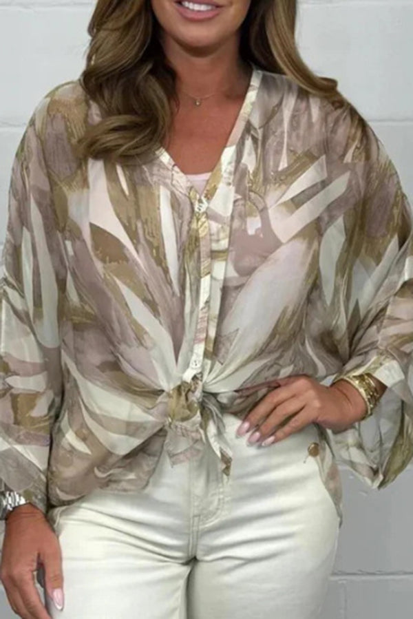 Unique Printed Long Sleeve V-Neck Chiffon Blouse - Elegant Loose Fit Tops for Women | Perfect for Office Wear, Casual Outings & Special Occasions