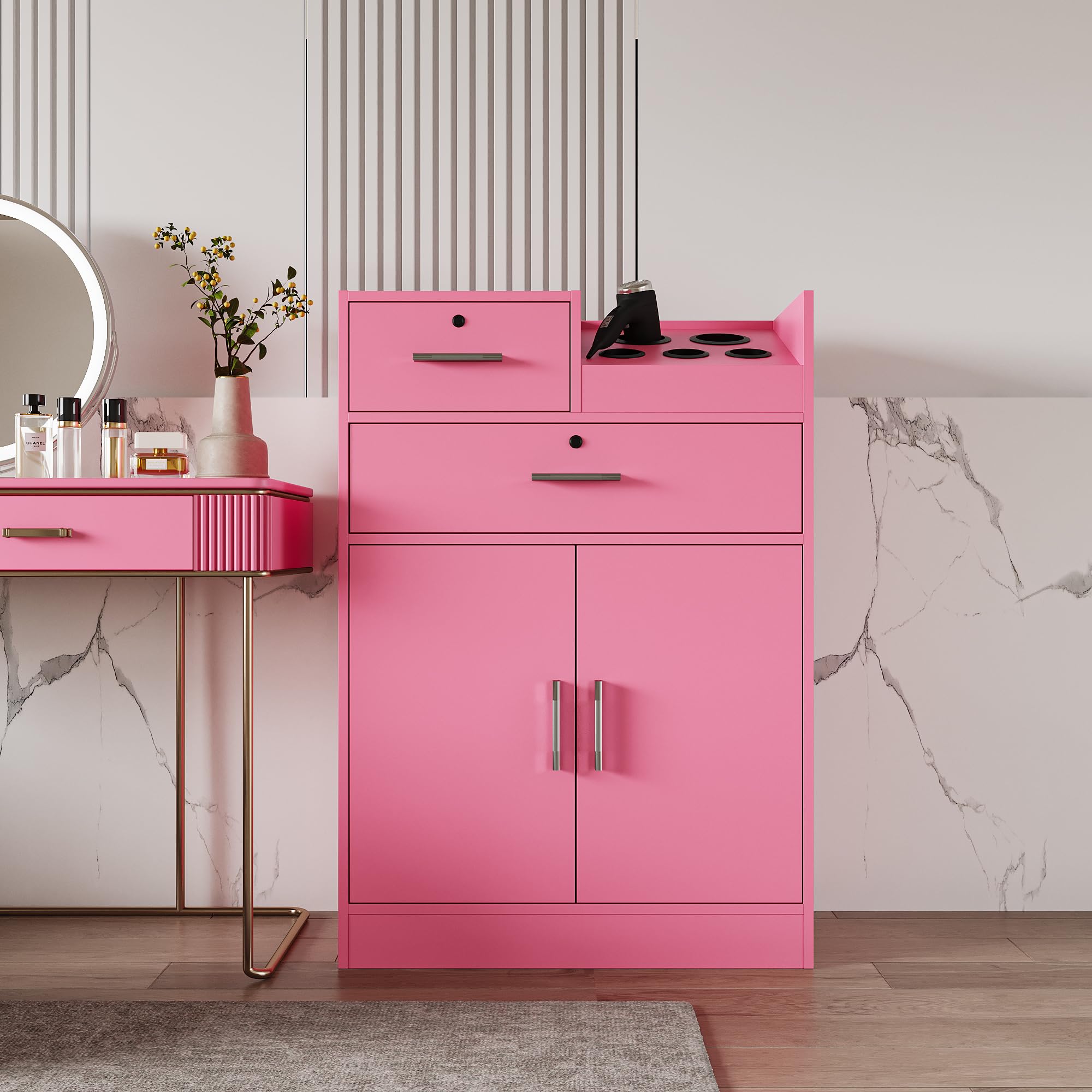Pink Salon Storage Cabinet with Lock & Hair Dryer Holder - 2 Drawers & 1 Cabinet for Beauty Salon, Barber Shop, Spa Organization - Professional Stylist Equipment Organizer for Home & Commercial Use