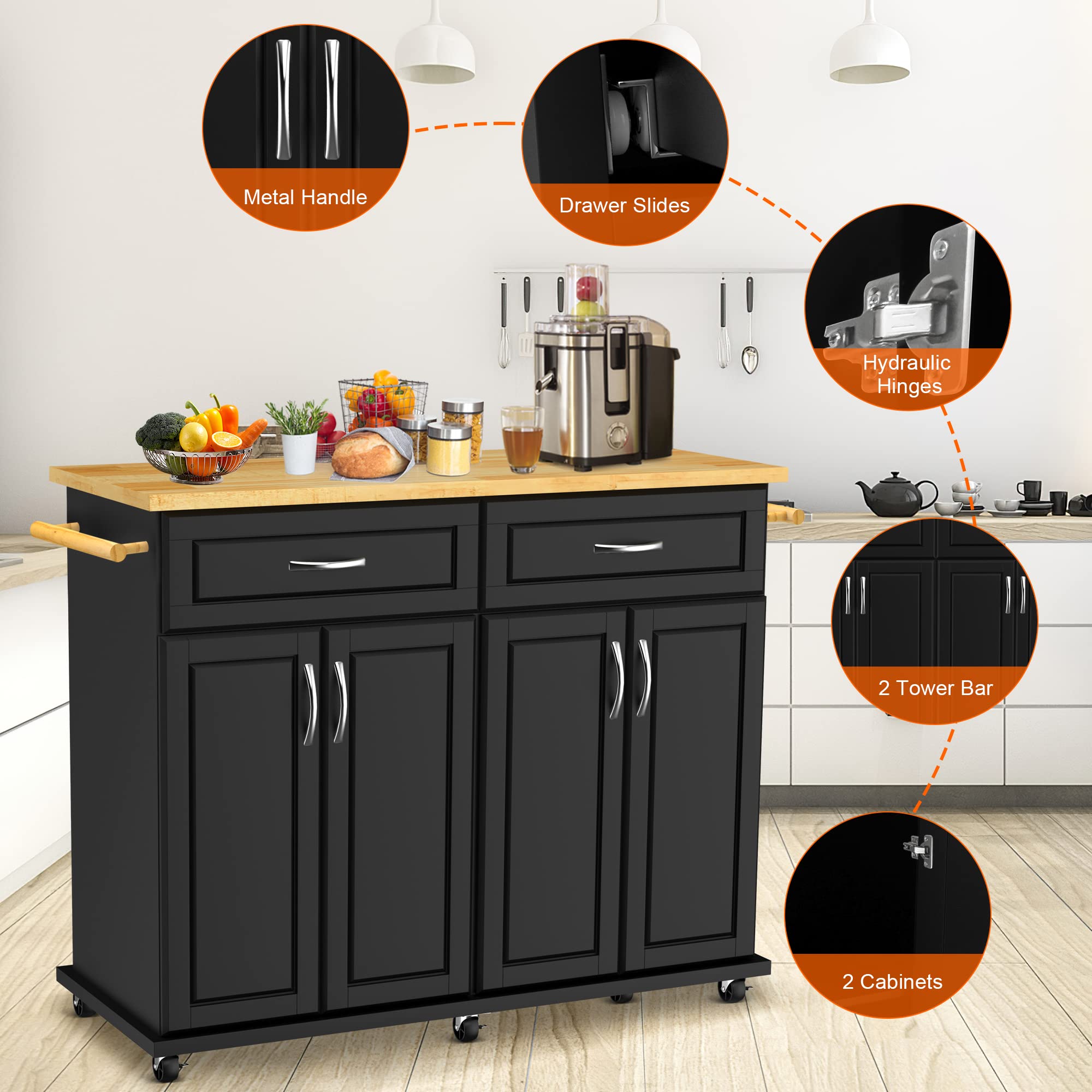 **Black Kitchen Island Cart with Storage Cabinet & Drawer - 48x18x36 Inches, Rubber Wood Top, Mobile Kitchen Island on Wheels with Towel Rack - Perfect for Small Kitchens, Dining Room Storage & Food Prep**