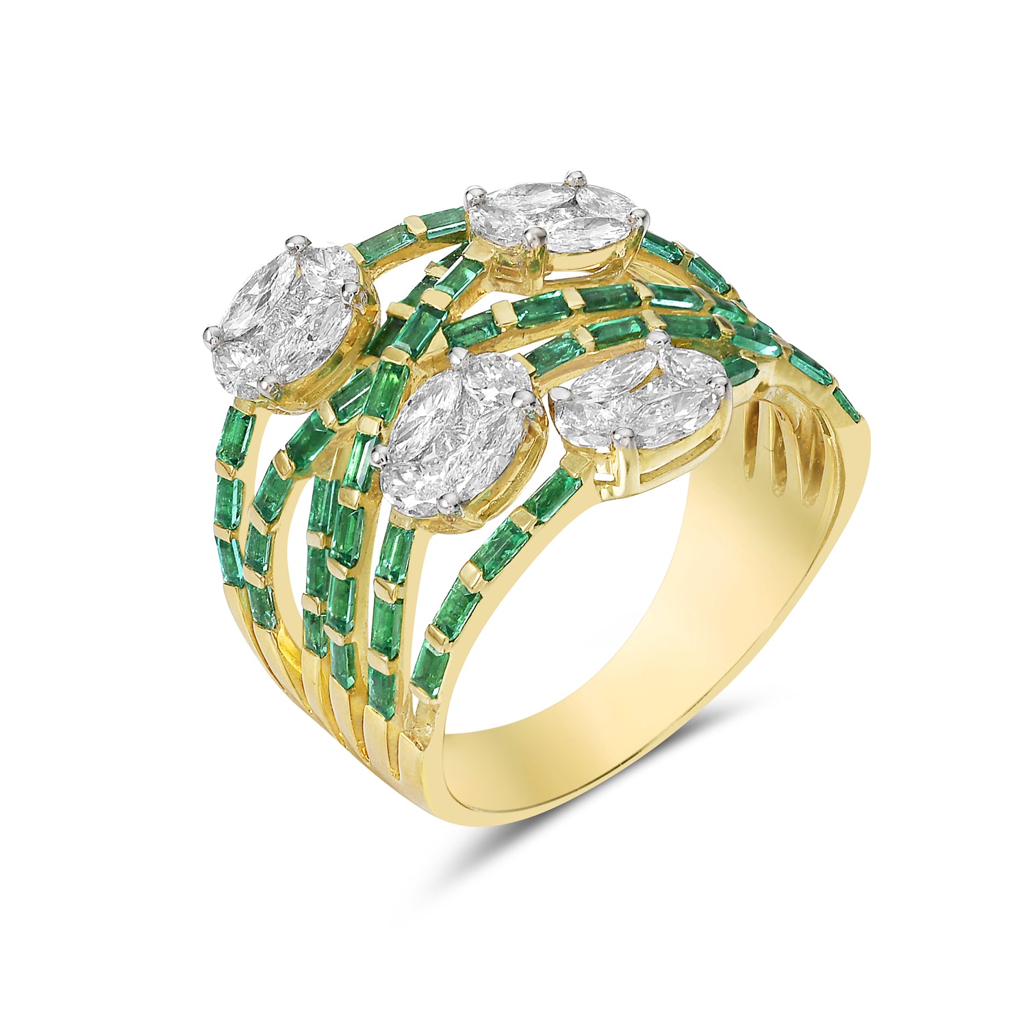 Exquisite Marquise Diamond & Baguette Emerald Wedding Band Ring in 14K Yellow Gold - Perfect for Bridal Jewelry, Anniversary Gifts & Special Occasions