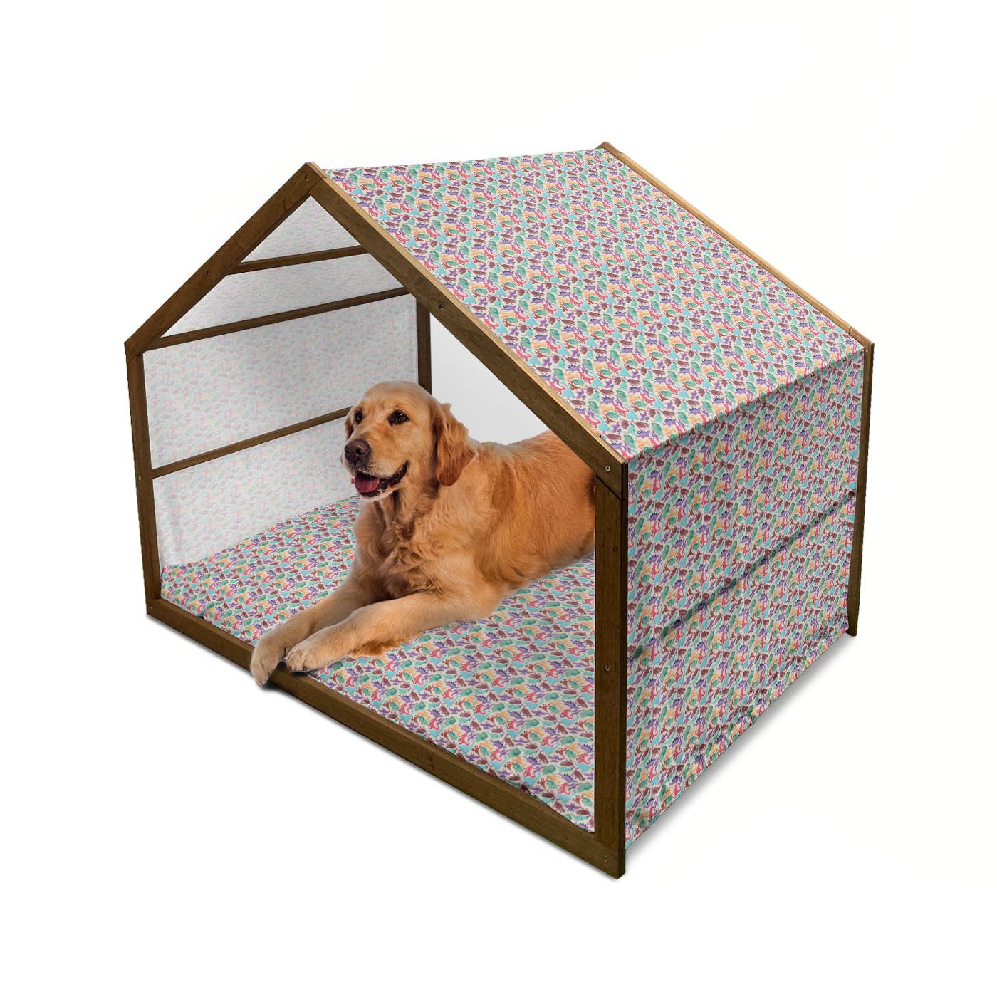 Ambesonne Dinosaur Themed Wooden Dog House - XL Portable Indoor/Outdoor Pet Kennel with Pillow & Cover - Fun Cartoon Monster Pattern for Playrooms & Backyards - Perfect for Large Dogs & Dinosaur Lovers