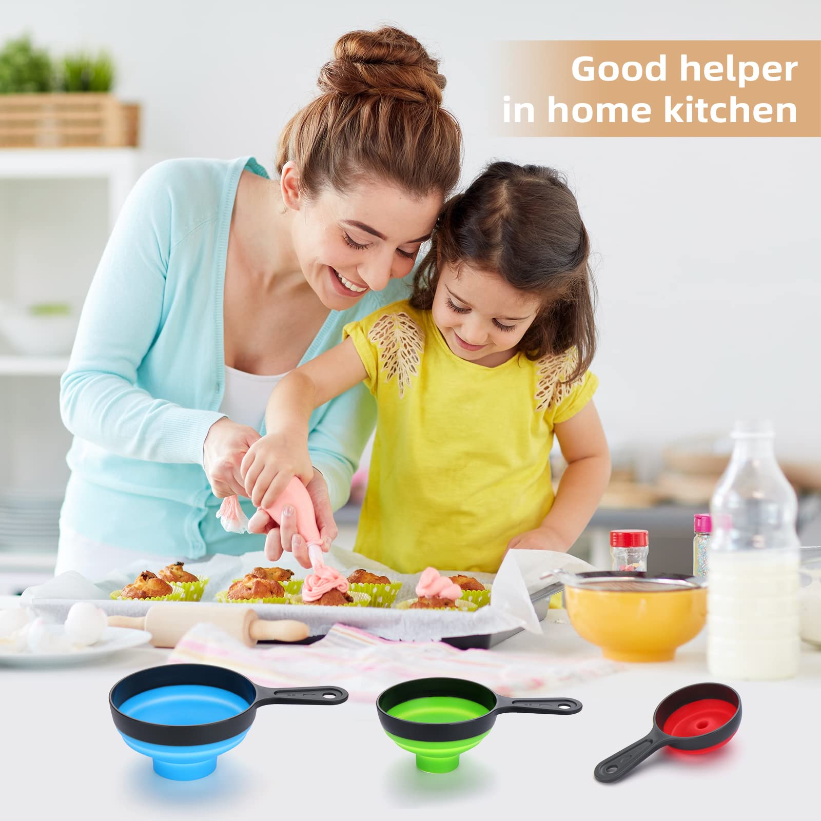 Dokpod 3-Piece Collapsible Kitchen Funnel Set - Wide Mouth Canning Funnel for Bottles, Small/Medium/Large Funnels for Solids, Powder & Liquids - Perfect for Home Canning, Baking & DIY Projects