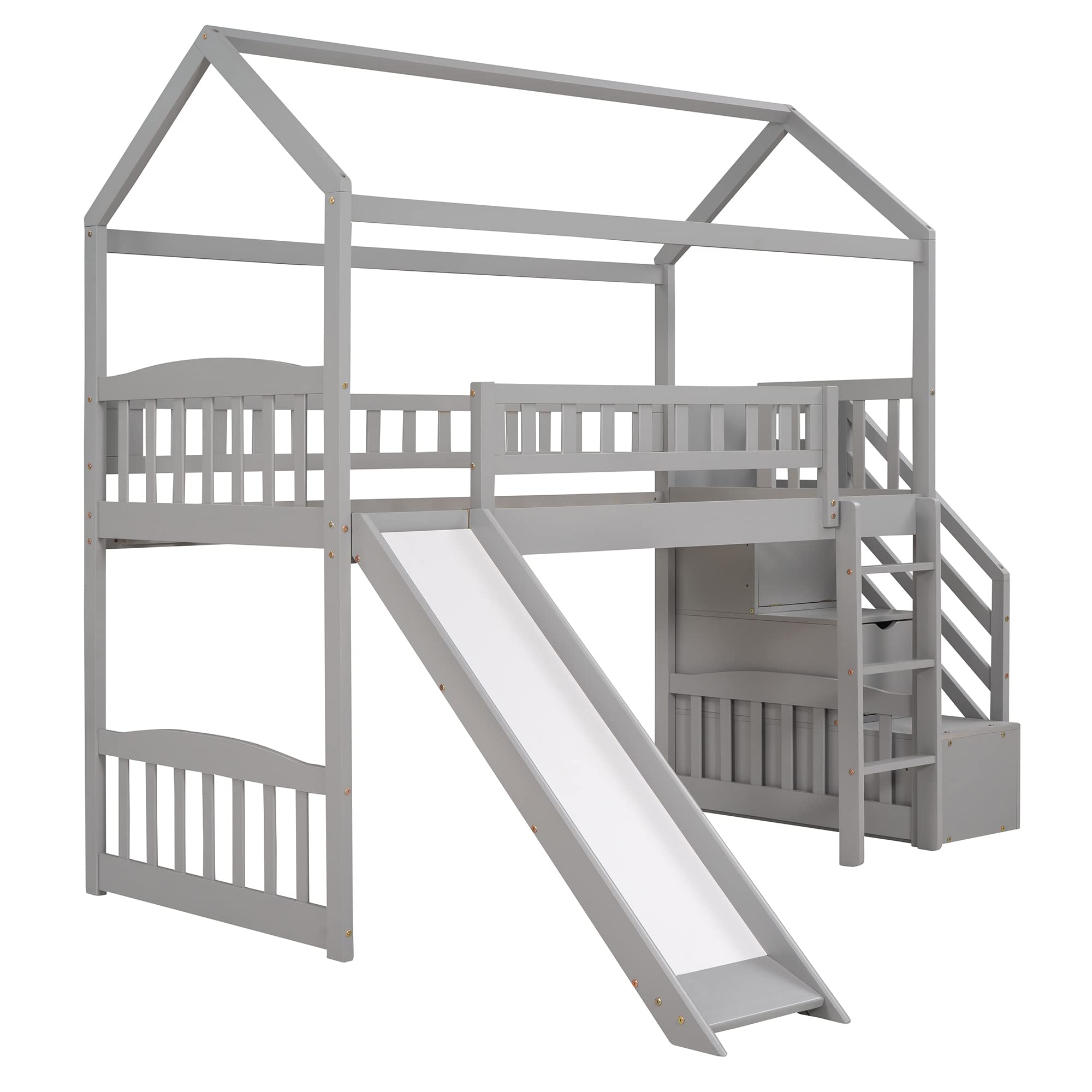 **Wooden Loft Bed with Stairway & Storage Drawers - Twin Size Kids Playhouse Loft Bed with Slide (Grey) - Perfect for Small Bedrooms, Playrooms & Kids' Sleepovers**