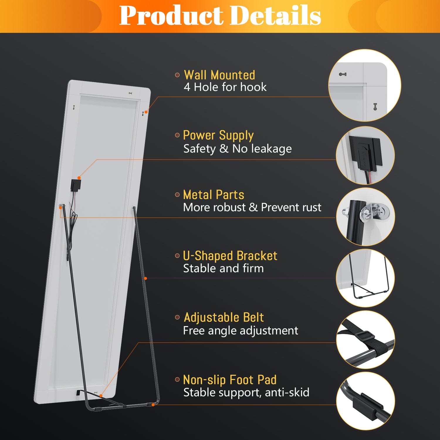 Elegant Full-Length Standing Mirror 160x50cm - Wall Mounted & Floor Standing Round Corner Mirror for Bedroom, Living Room, Dressing Room & Vanity Area