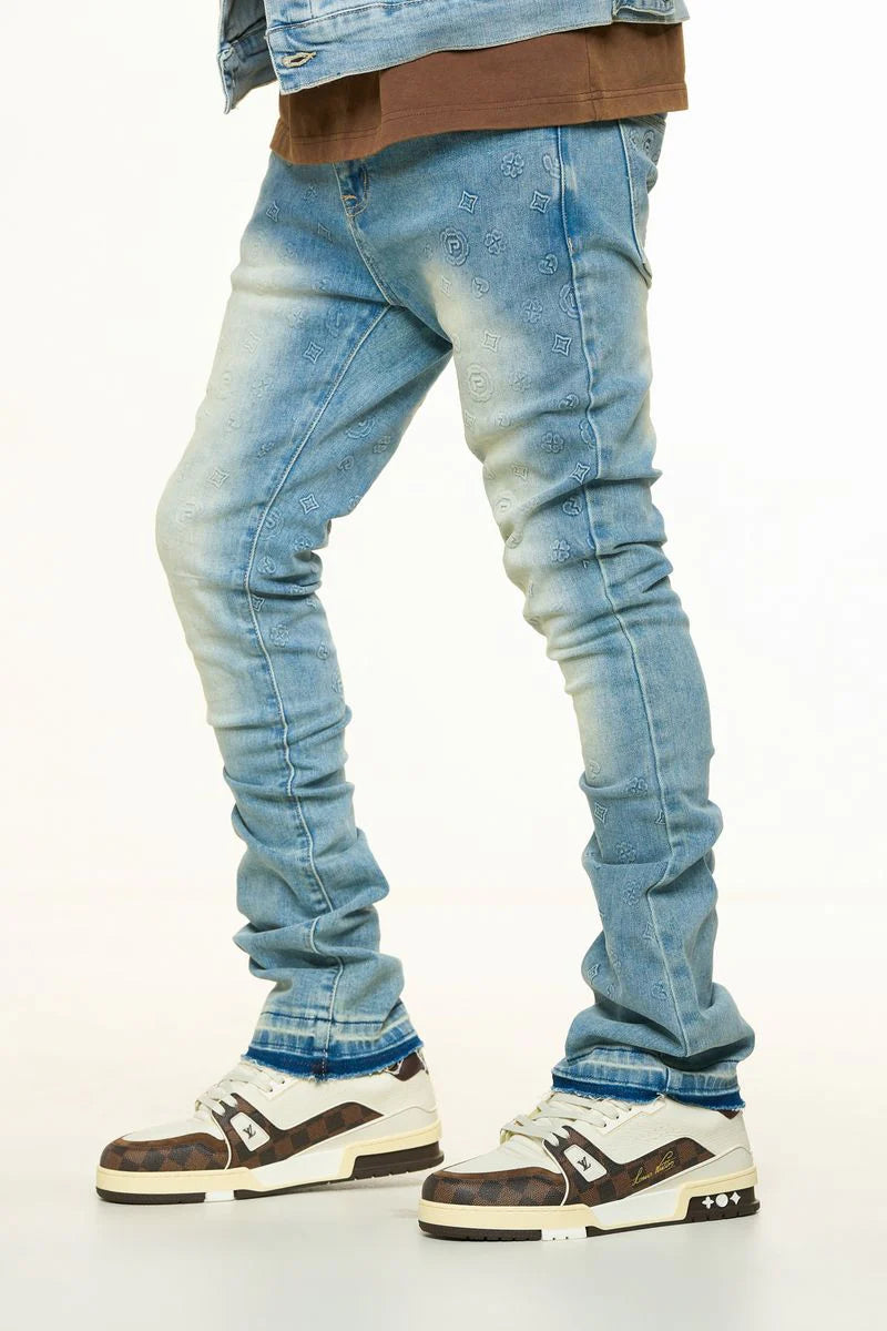 PHEELINGS New Emotions Embossed Flare Stack Denim Jeans - Light Blue Stone Wash for Women | Vintage High Waisted Bell Bottom Pants for Casual Wear & 70s Retro Outfits