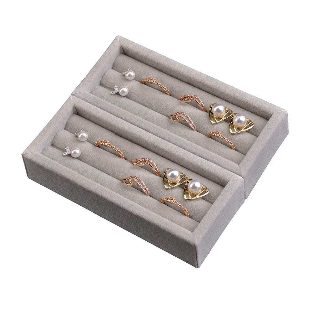 DesignSter Small Jewelry Tray - 2PCS Velvet Ring Organizer & Stackable Jewelry Display Tray, Jewelry Drawer Organizer Inserts for Dresser and Jewelry Box (Gray) - Perfect for Bedroom, Bathroom, Vanity and Travel Accessory Storage