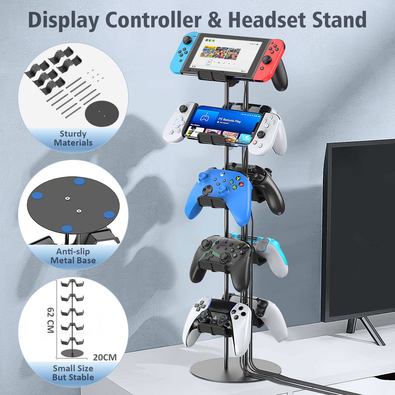 5-Tier Gaming Headset Stand with Cable Organizer - Universal Controller Holder for PS5, Xbox, Nintendo Switch, PS4 & PS Portal - Perfect Gaming Setup Organizer for 10 Controllers - Ideal for Gaming Room, Streaming Studio & Esports Tournament Setup