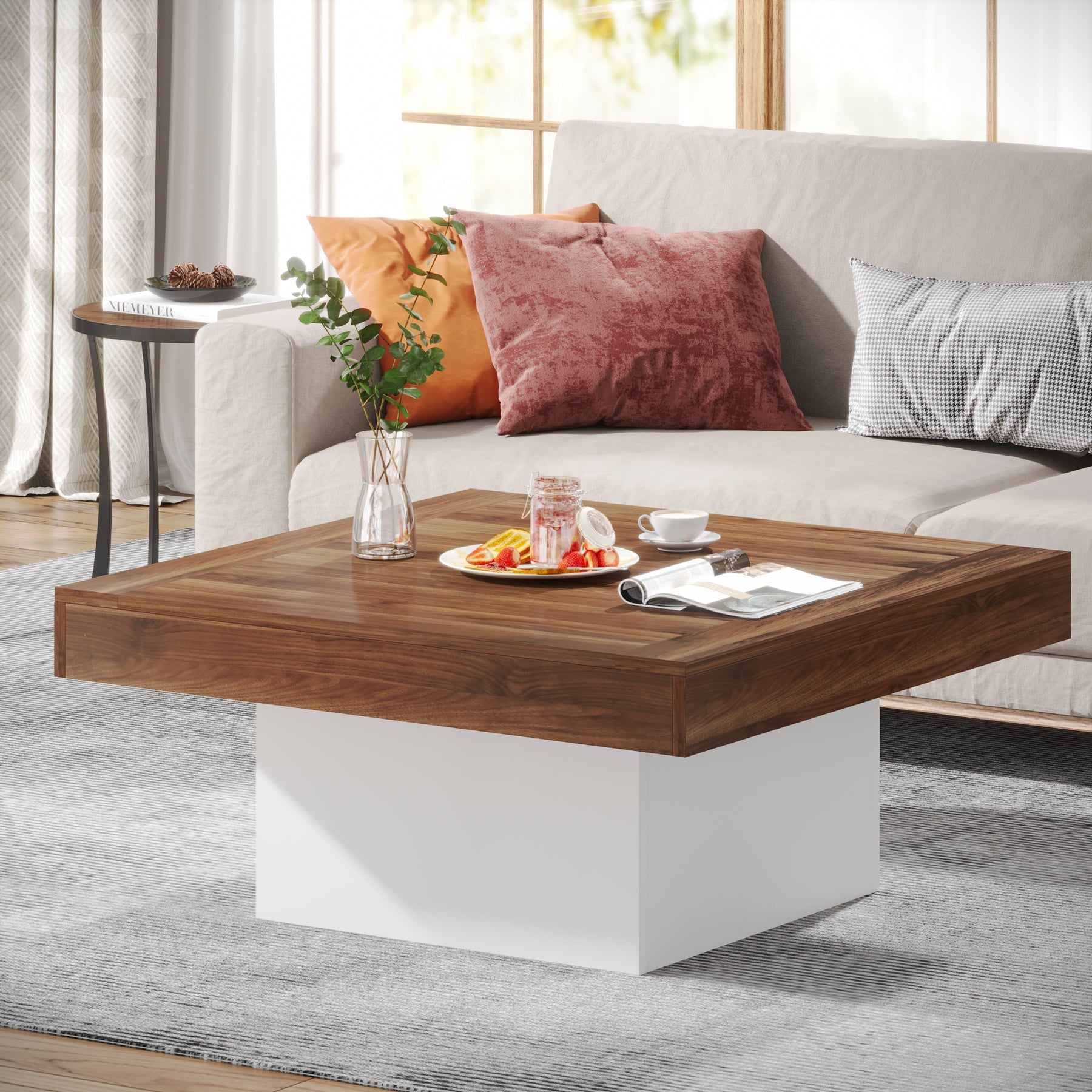 Modern Square Coffee Table with LED Lights - Rustic Farmhouse Wood Cocktail Table for Living Room, Lounge & Home Decor