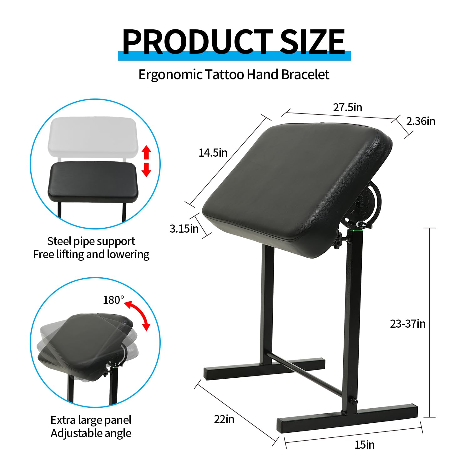 Professional Adjustable Tattoo Armrest Stand 26.4-37.4 Inch - Portable Tattoo Arm Support with Widened Base, PU Leather Pad & Steel Rod - Perfect for Tattoo Studio, Salon & Home Tattoo Artists