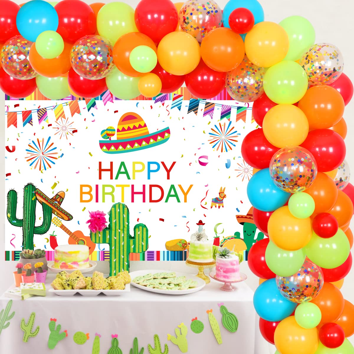 Mexican Fiesta Birthday Party Decorations Kit - Orange, Blue, Green, Yellow & Red Balloon Garland, Cinco de Mayo Backdrop for Taco Party, Photography Props | Perfect for Cinco de Mayo Celebrations, Birthday Parties, Mexican Themed Events & Social Media Photo Backdrops